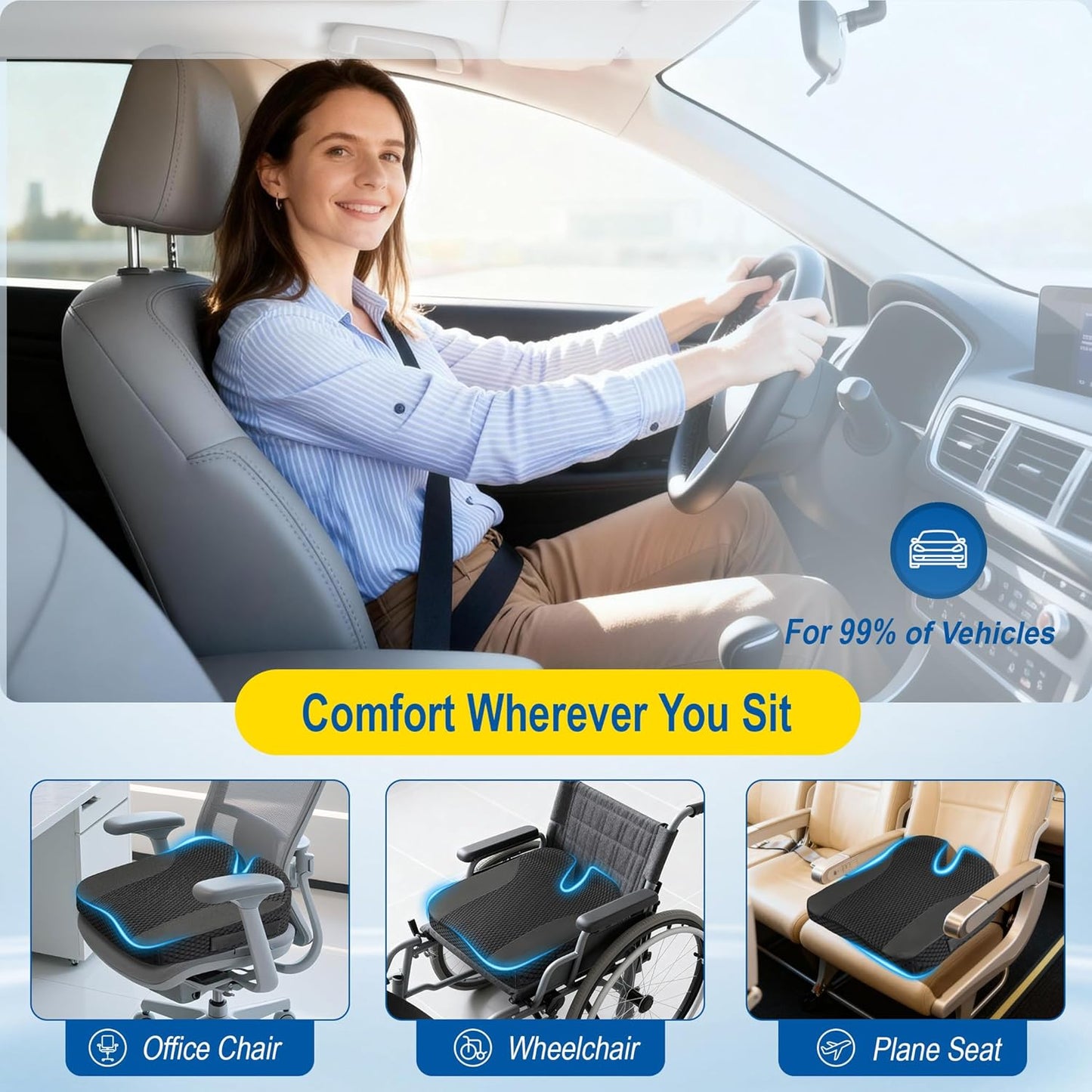 Lofty Aim Car Seat Cushion for Driving, Memory Foam Driver Seat Cushion | Car Seat Cushion for Long Driving Comfort, Driver Seat Pillow Adds Height and Support for Cars, Trucks, Office Chairs, Black
