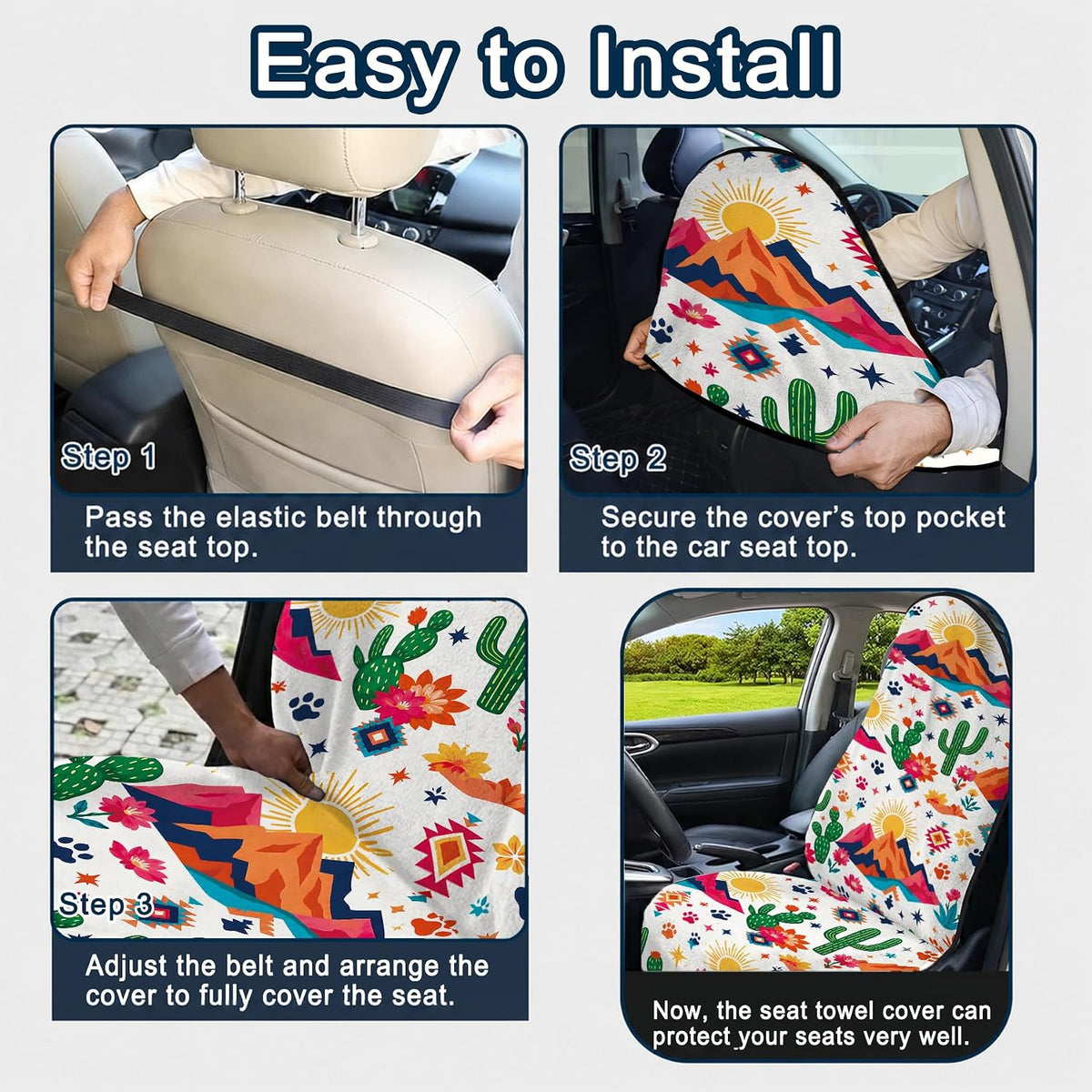Car Seat Towel Cover 2 Pack for Front Seats, Sweat Absorbent Car Seat Protector with Non-Slip Backing, Waterproof Towel Car Seat Covers for Runners, Gym, Swimming, Beach, Desert Cactus