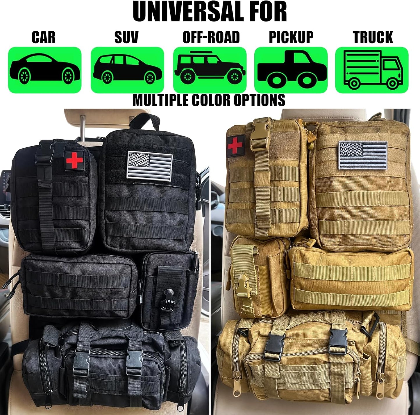7 PACK Tactical Seat back organizer Truck organizer With 6 Detachable Pouches Universal For Car Truck Ford Jeep Military-Grade Heavier Panels With Multi-functional Packs (Black)