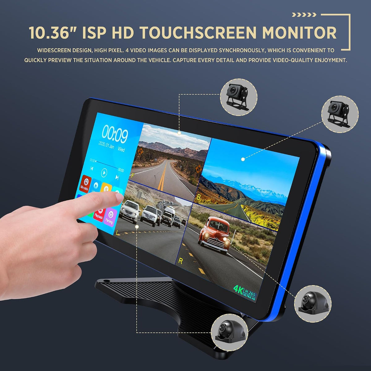ASLONG 4K Backup Camera 4CH Dash Cam with 10.36" Quad Split Touch Screen
