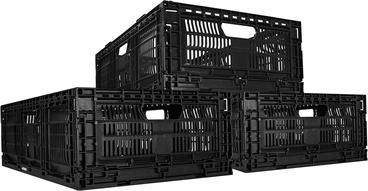 JEZERO Medium Collapsible Plastic Storage Crate – Stackable Utility Bin with Folding Walls for Garage, Closet, Car Trunk, and Home Organization | Black, 24" x 16" x 8"