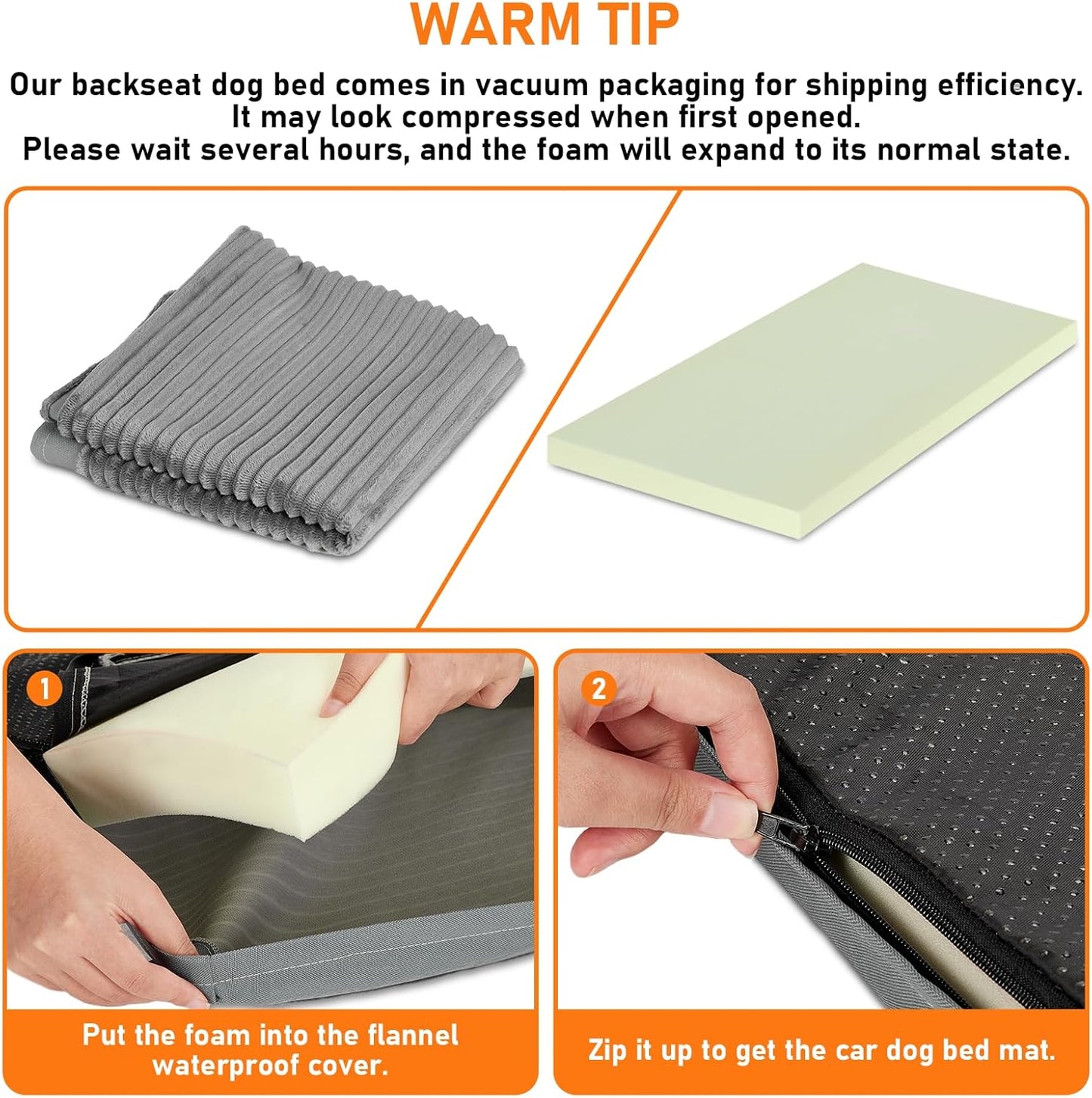 Backseat Dog Bed Mat, 2in Waterproof Dog Bed for Car, 23.5x51in | Fits Sedan & Compact Suv, 2-Inch High-Resilience Foam, Removable Cover, Machine Wash, Suitable for Travel, Camp, Home, Grey