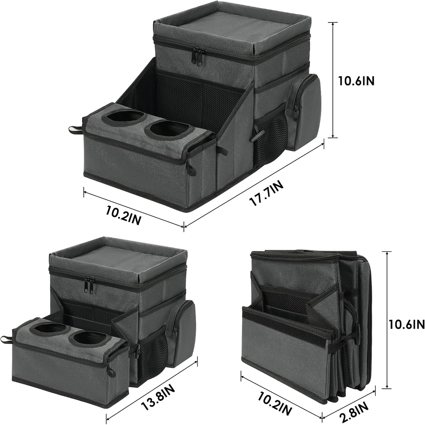 Backseat Organizer for Kids & Adults – Car Seat Cooler Warmer with 2-in-1 Writing Tray, Cup Holders & 11 Storage Compartments | Road Trip Car Organizer for Front & Back Seat (Grey)