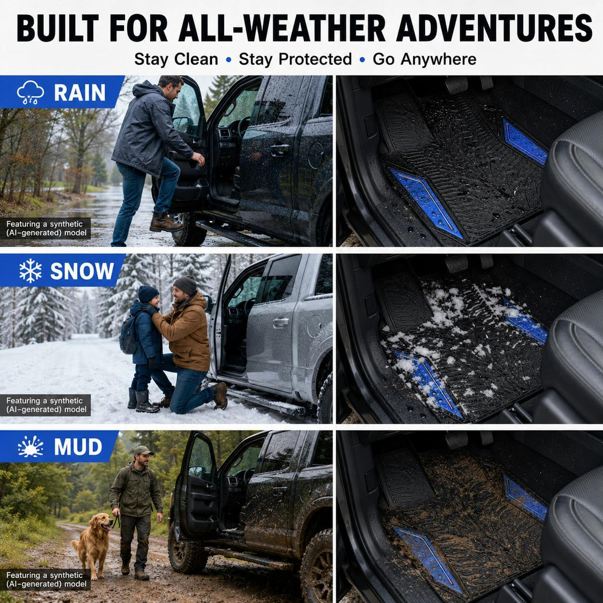 PIC AUTO Rubber Floor Mats, Blue Aluminum Film with Colorful Piping Floor Mats for Cars, Car Mats with Non-Slip Backing, All-Weather Protection, Trim-to-Fit Liner for Cars, SUVs, Trucks, Vehicles