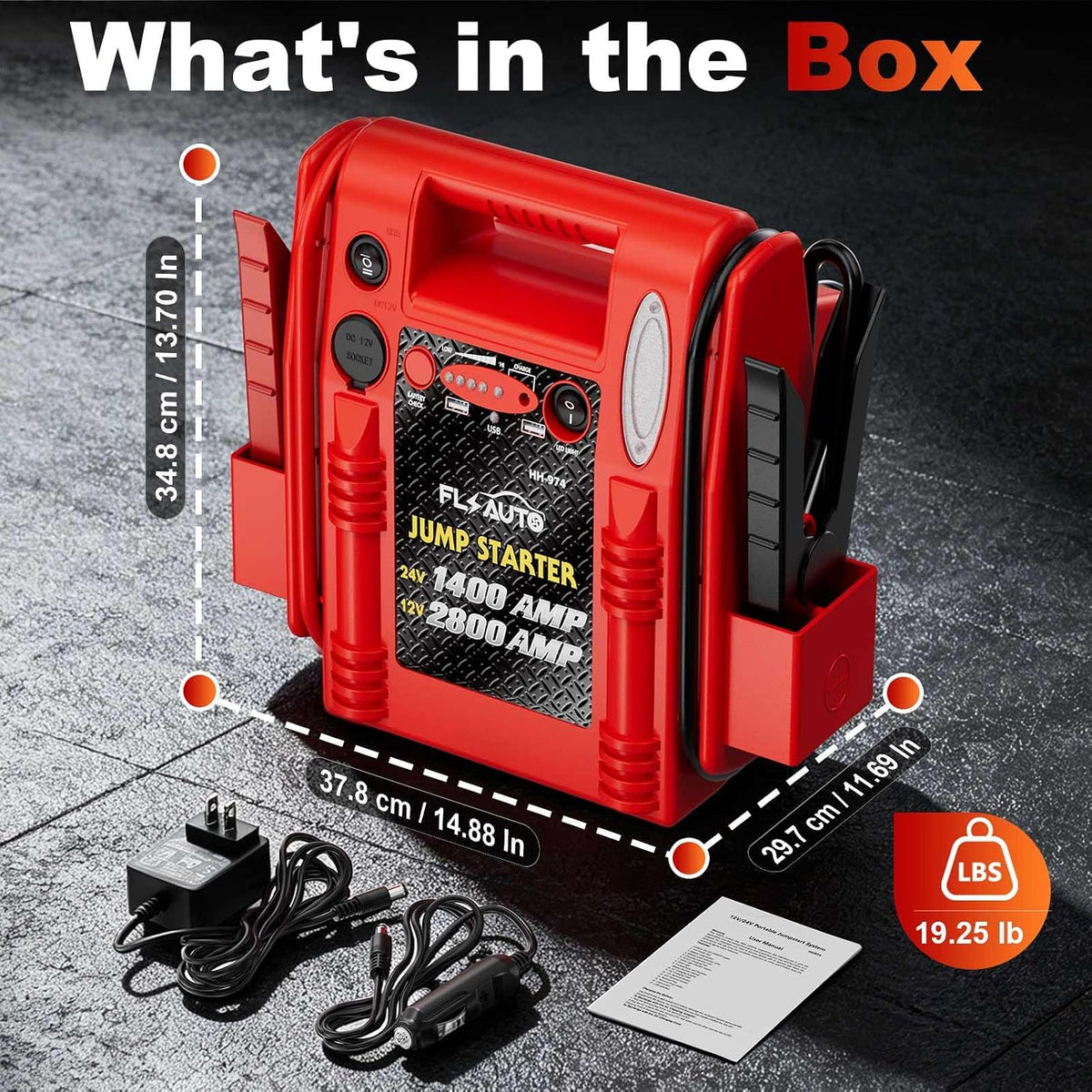 2800A/1400A Heavy Duty 12V/24V Car Jump Starter & Battery Booster – Jumper Pack, Lead-Acid Emergency Power for Cars, Trucks, SUVs, Boats, RVs | FlyAuto