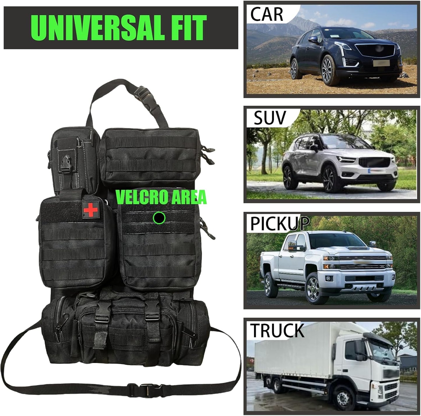7 PACK Tactical Car Seat Back Organizer With 5 Detachable Pouches Upgrade Tactical Molle Vehicle Panel Organizer Universal fits for Most of Car Truck Ford Jeep Vehicle