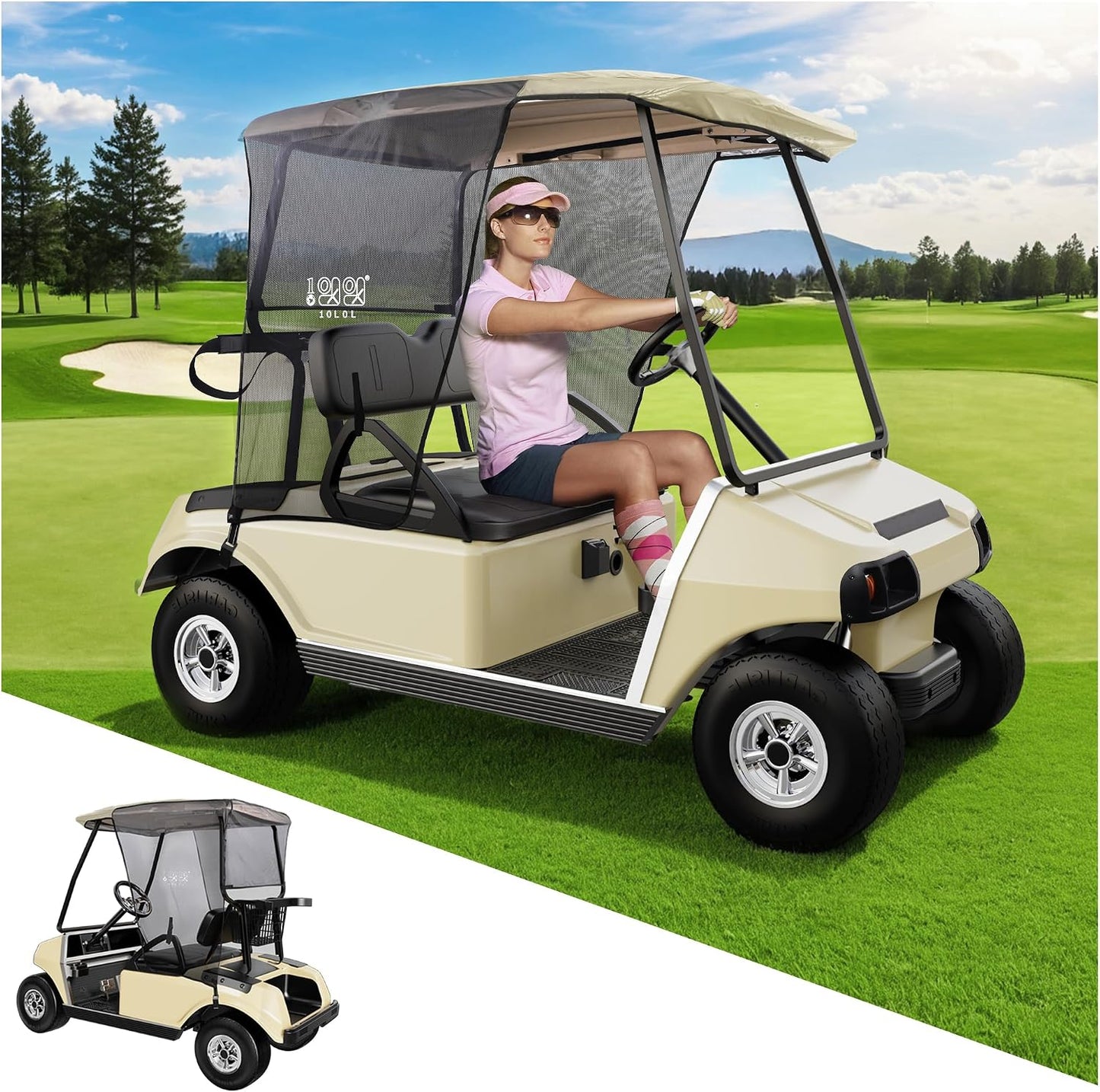 10L0L 2 Passenger Golf Cart Sun Shade Cover for EZGO TXT RXV & Club Car DS Precedent Tempo, UV Heat Blocking Polyester Mesh Canopy Cover, Durable & Easy Install (Roof Size:59" L X 41" W)
