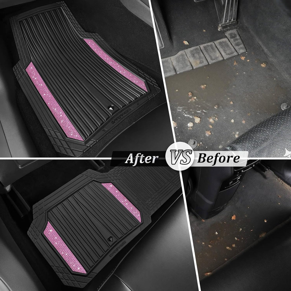 CAR PASS Bling Glitter Car Floor Mats Heavy Rubber Water Proof, Black Pink