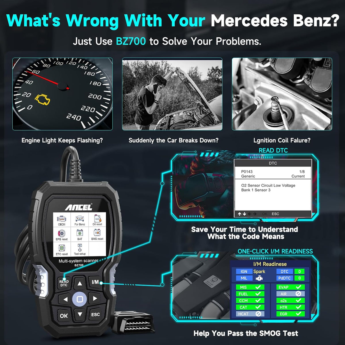 ANCEL BZ700 Mercedes Benz Sprinter/Vaneo/Vito/Viano/V/Metris/Citan/X Smart OBD2 Scanner, Full System Automotive Car Code Reader with All Reset Services, Battery Reset ABS Bleed Airbag EPB Oil SAS TPS