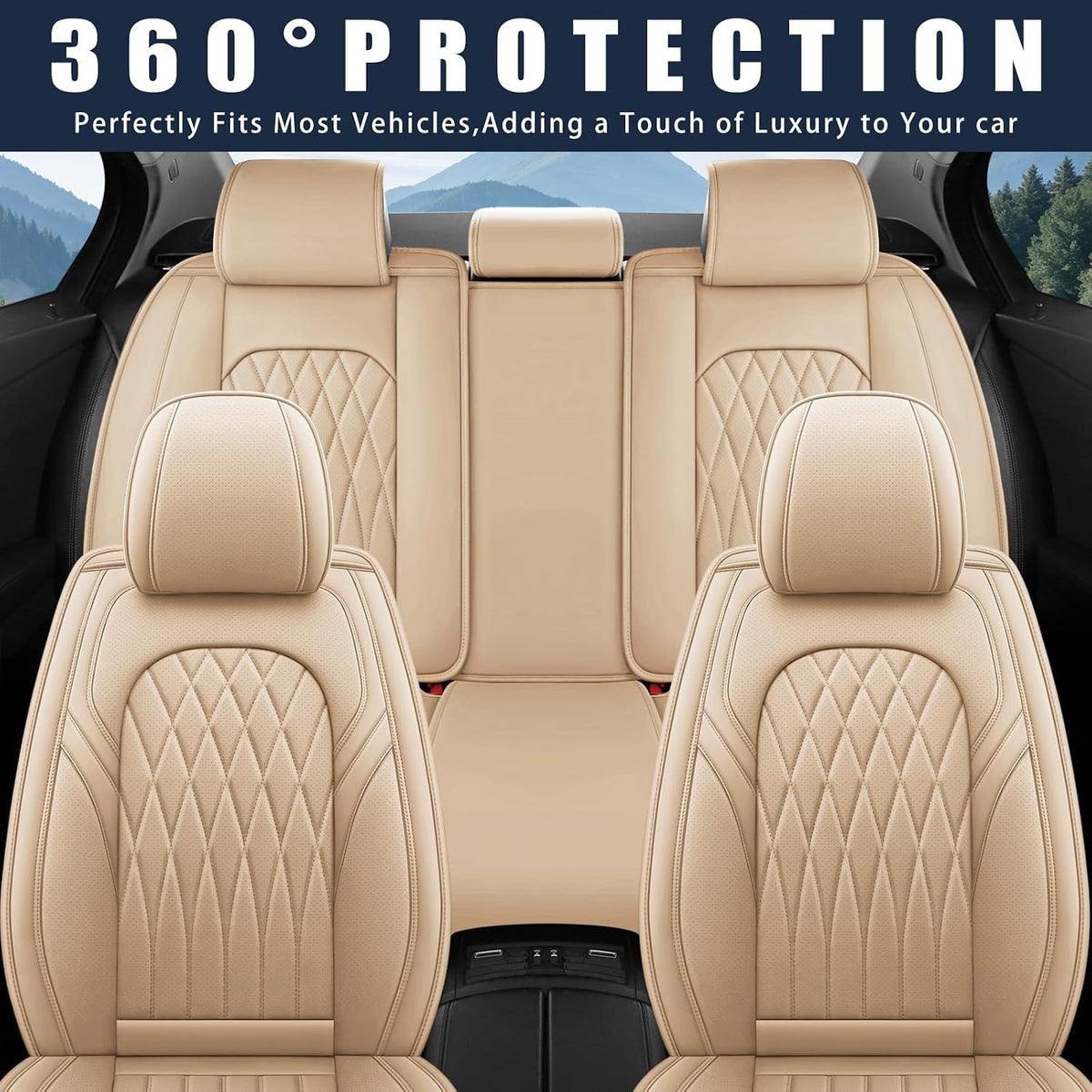 WELLDO Nappa Faux Leather Car Seat Covers Full Set, 5Seats,Beige