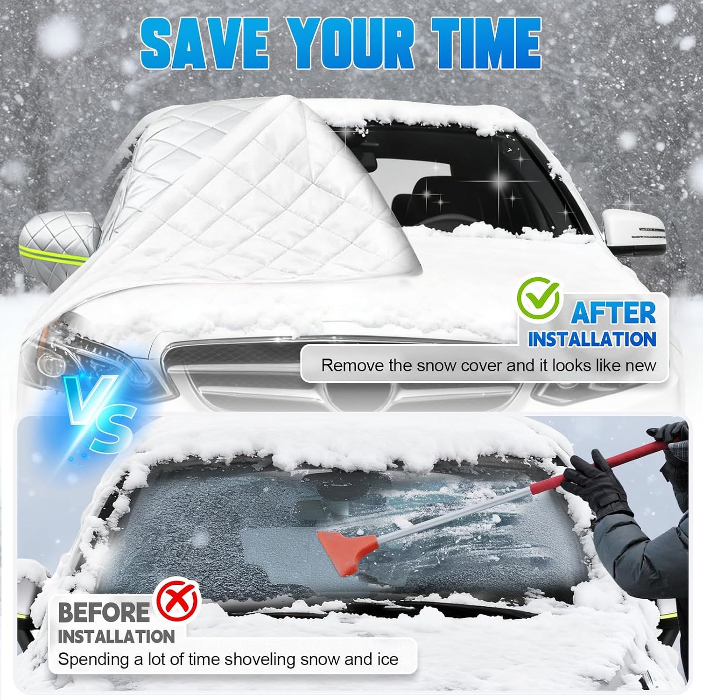 6 Layers Windshield Snow Cover Universal Midsize Sedan/Compact SUV Protection Hail & Snow Shield | Scratch-Free Hooks + Reflective Strips + Mirror Covers