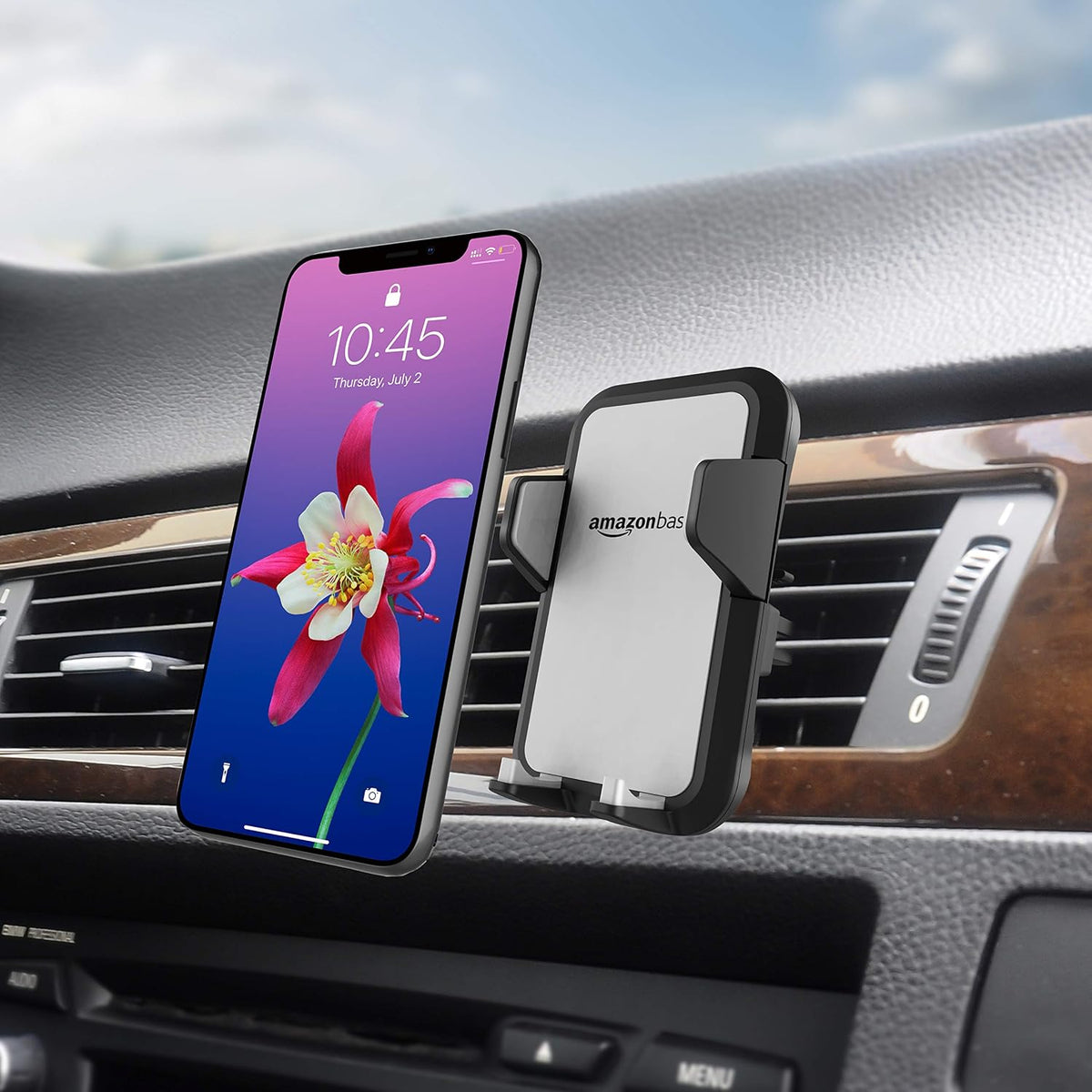 Amazon Basics Universal Portable Smartphone Holder for Car, Air Vent Mount, 360° Rotation, Easy to Install, One-Handed Release, Adjustable and Secure, Grey