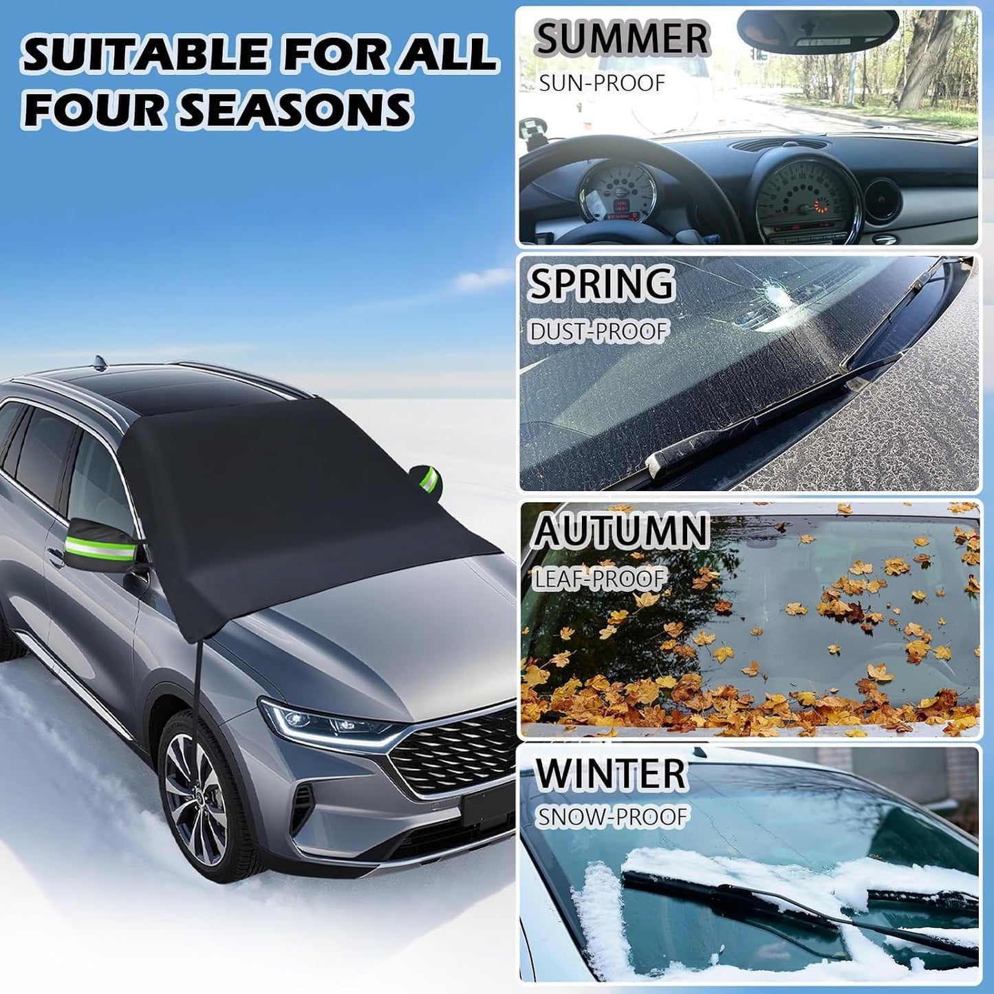 Windshield Cover for Ice and Snow - 600D Oxford Fabric Car Windshield Snow Cover Heavy Duty, Magnetic Car Anti-Snow Cover for Most Sedan Truck SUV Van and MPV, Winter Cars Accessories (70 x 50 Inch)