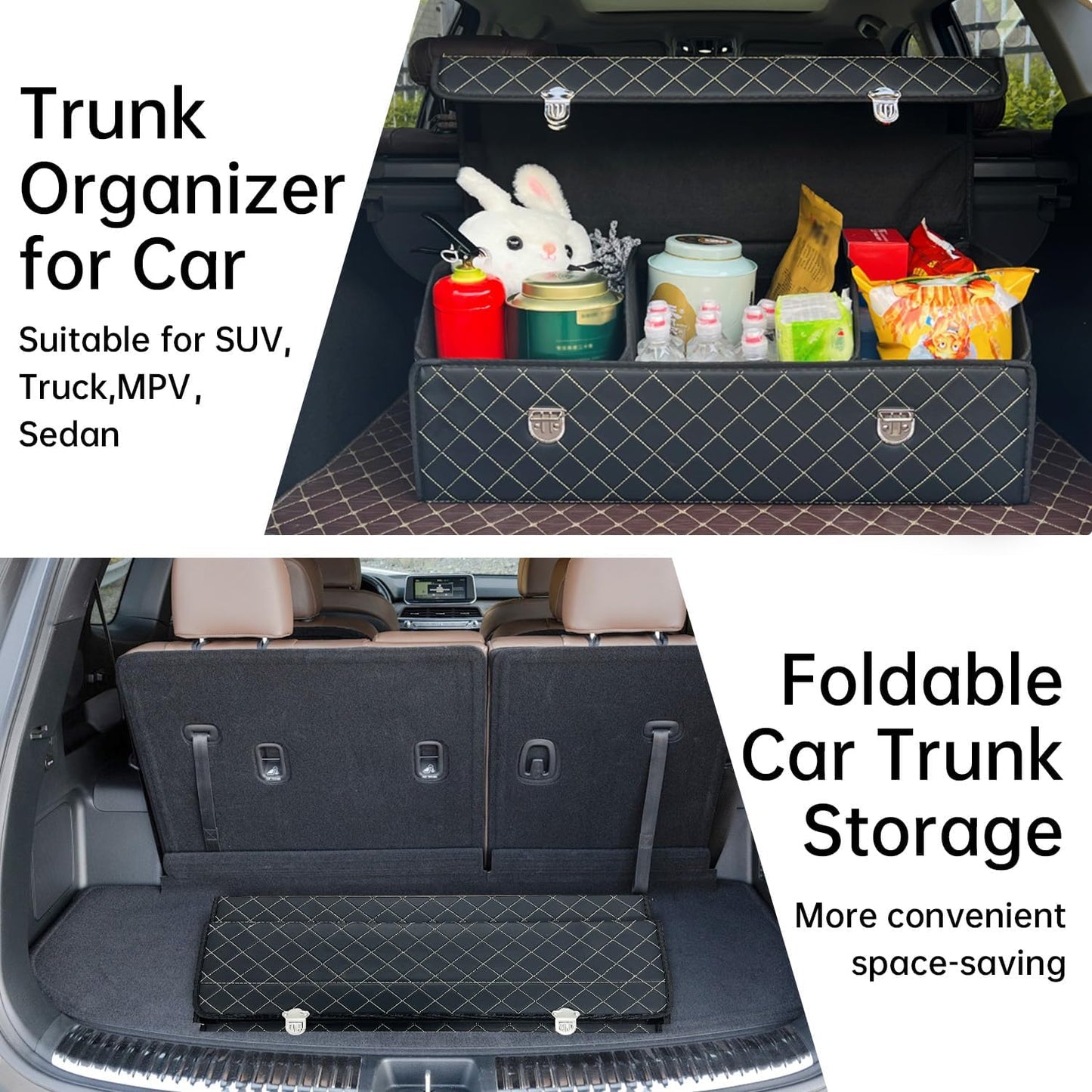 Car Trunk Organizer with Lid,Foldable Faux Leather Cargo Storage Box,3 Compartments,Collapsible Multi-Functional for SUV,Sedan,Vehicle Trunk