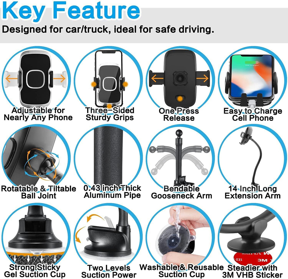1Zero Solid Car Truck Phone Mount Holder with 14-Inch Gooseneck Long Arm