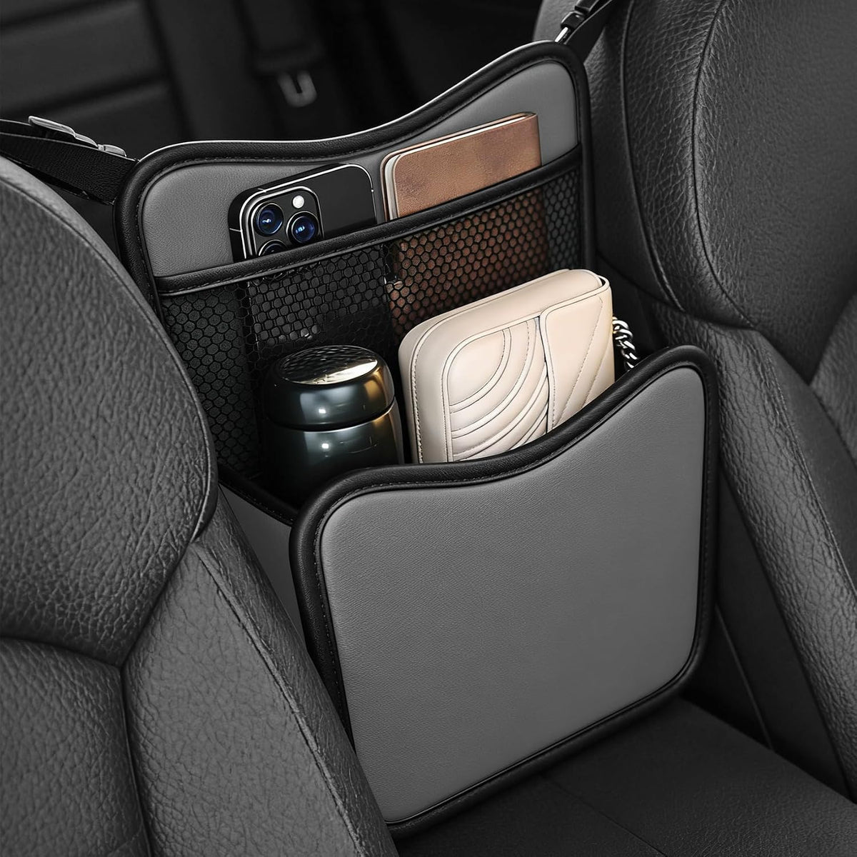 Car Organizer Storage Between Seats, Car Purse Holder, Nappa Leather Front Seat Storage Bag with Tissue Holder, Large Capacity Auto Console Organizer for Document Phone Wallet Snack (Green)