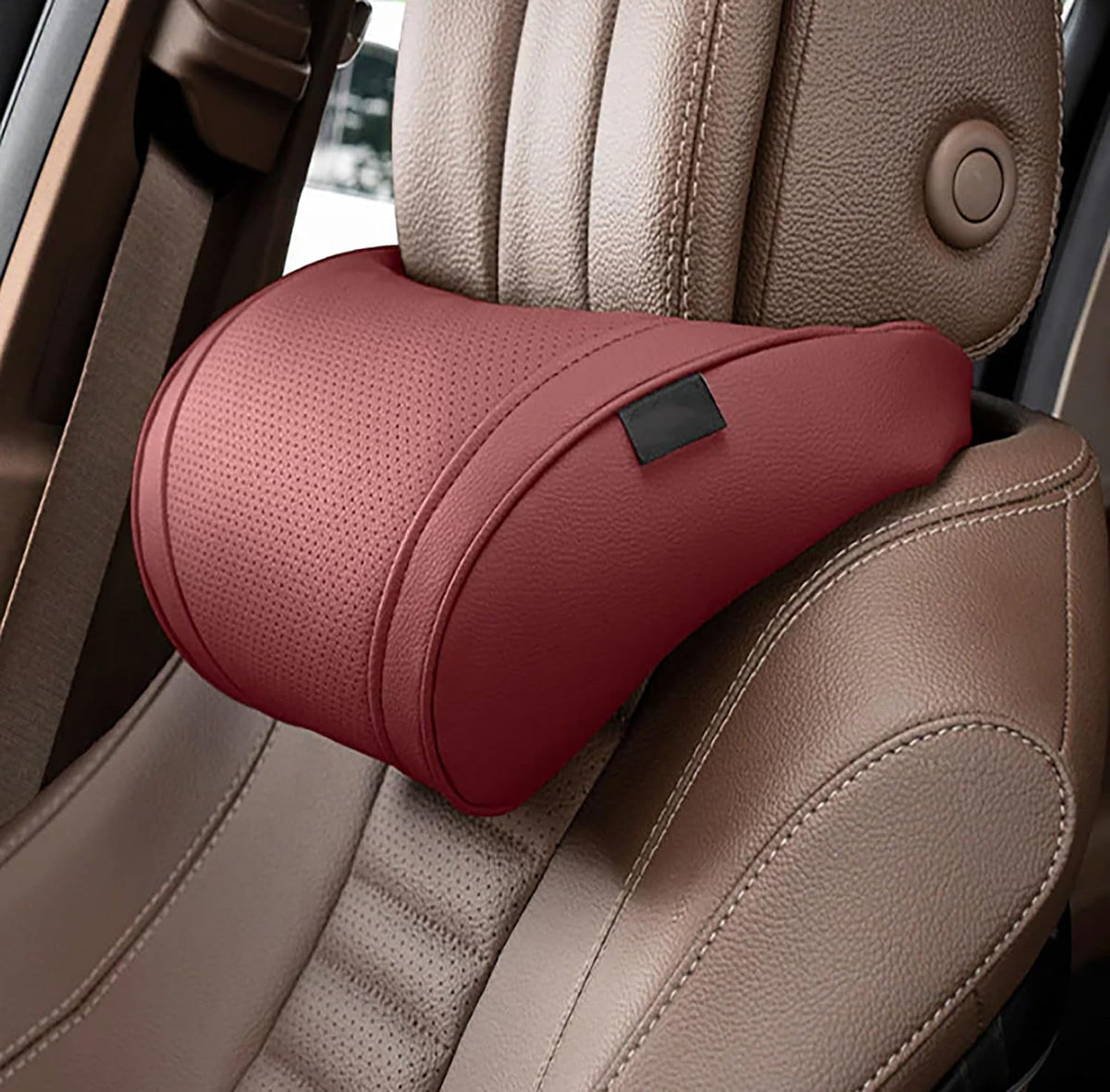 Ergonomic Headrest and Lumbar Support Set for CarSeats, Leather Car HeadrestPillows, Luxurious MemoryFoam Car NeckPillow (Off-White, Headrest Cushion)