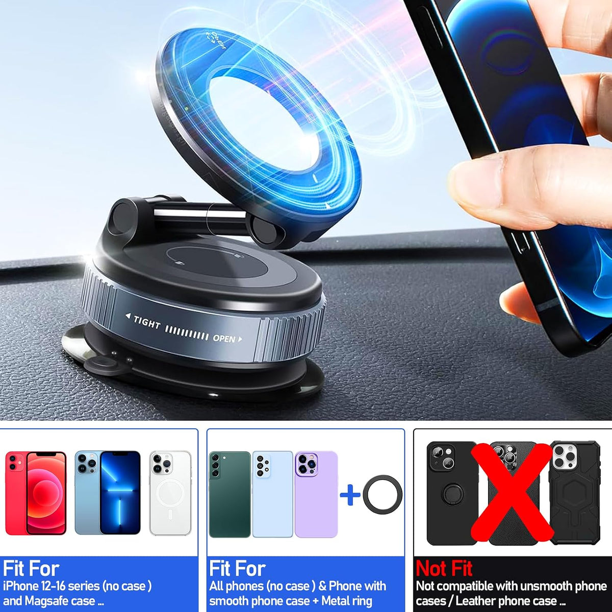 Vacuum Magnetic Car Phone Holder Stand,Reinforced Ultra-Strong Vacuum Suction Cup,360° Rotation&Foldable,Universal Dashboard Windshield/Gym/Mirror/Kitchen Phone Stand,for All iPhone Series&All Android