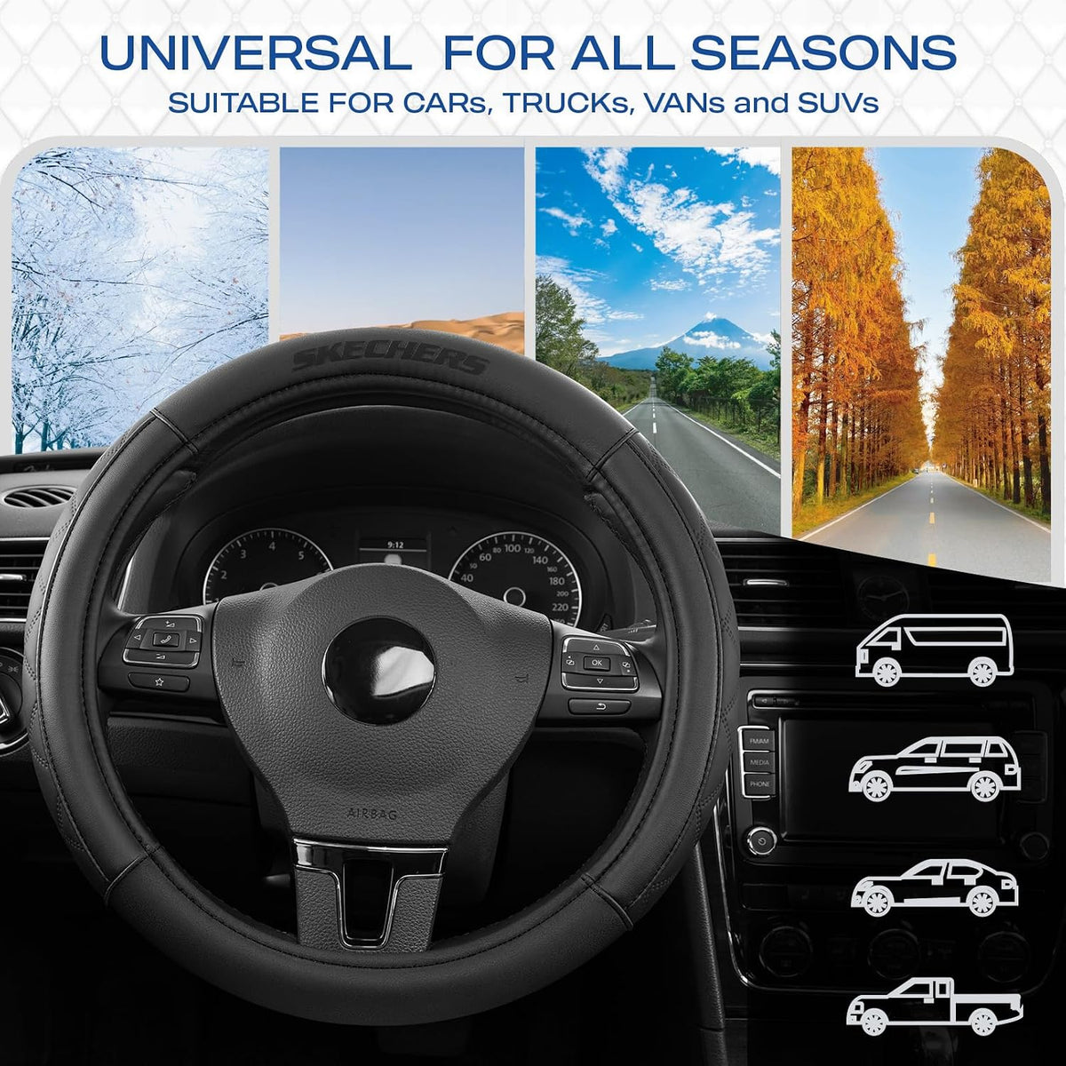 Skechers Steering Wheel Cover Memory Foam, Leather Steering Wheel Covers,Universal Anti-Slip Fit 14" 1/2-15" Car Wheel Cover for Car Decor Gifts Fit Suvs,Vans,Sedans,Car,Trucks,Black