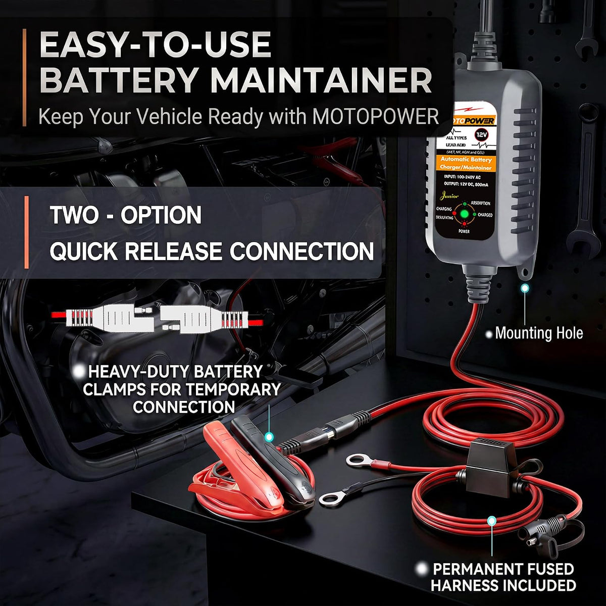 MOTOPOWER MP00205A 12V 800mA Automatic Battery Charger Maintainer, 2-Pack