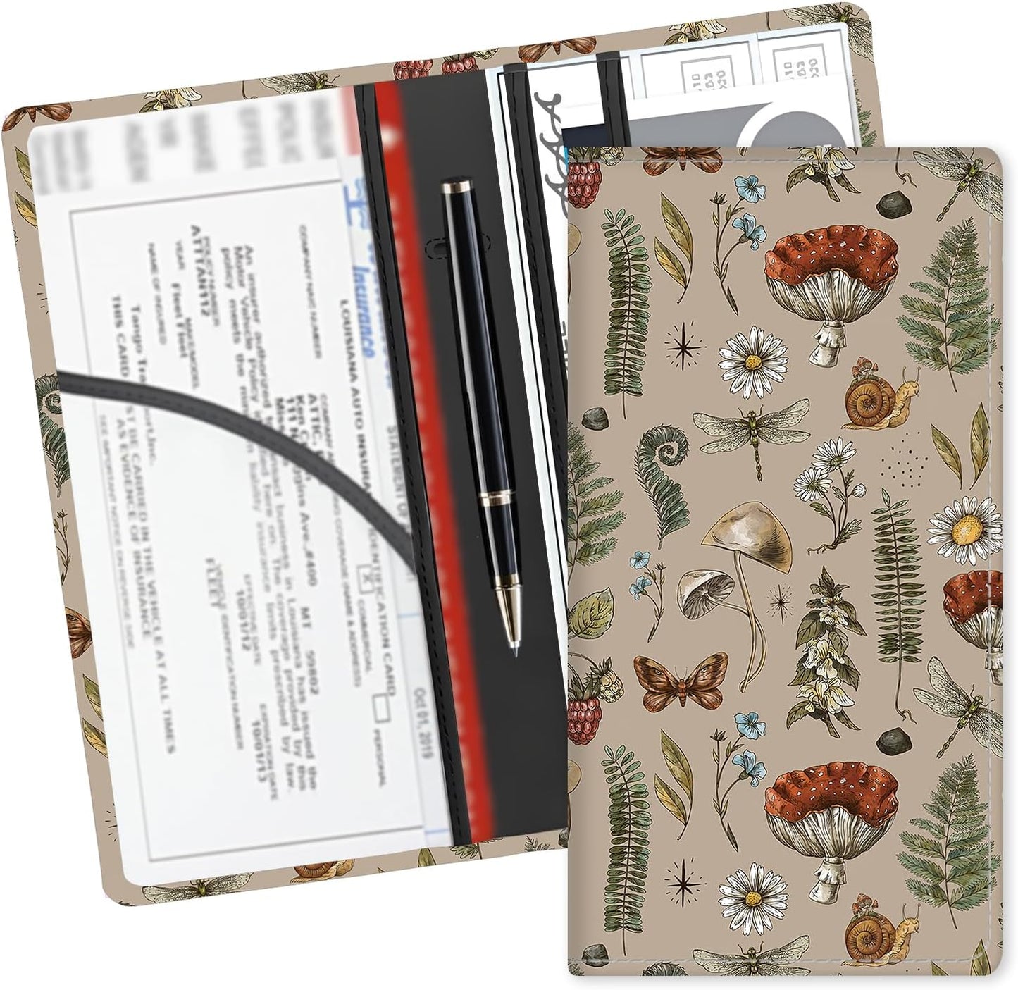 Leather Car Registration and Insurance Card Holder, Cute Car Accessories Vehicle Glove Box Car Organizer for Documents, Cards, License Beautiful White Flowers