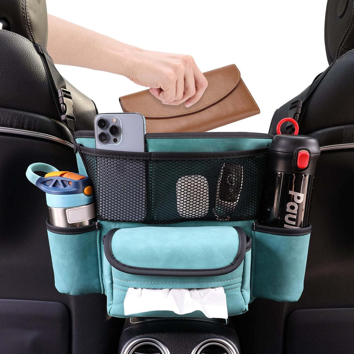 Leather Car Seat Organizer for Handbag/Purse – Fits Between Front Seats, Holds Wallet, Phone & Essentials. (Modle A/Brown)