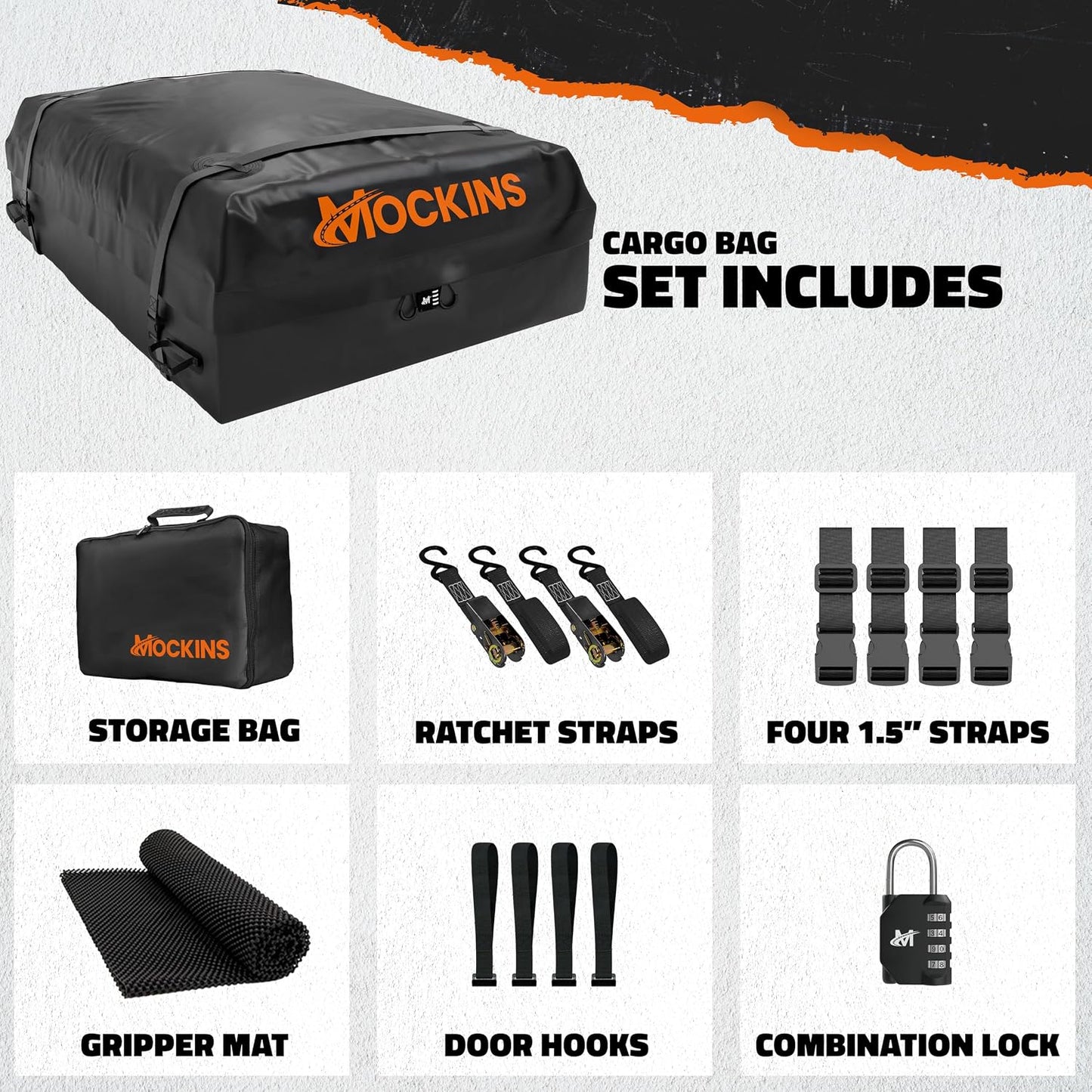 Mockins 25 CuFt Waterproof Rooftop Cargo Carrier Bag | 60"x43"x17" All-Weather 500D Soft-Shell Vinyl Car Top Carrier Without Roof Rack | Vehicle Soft-Shell Carriers with Roof Mat, Lock, Hooks & Straps