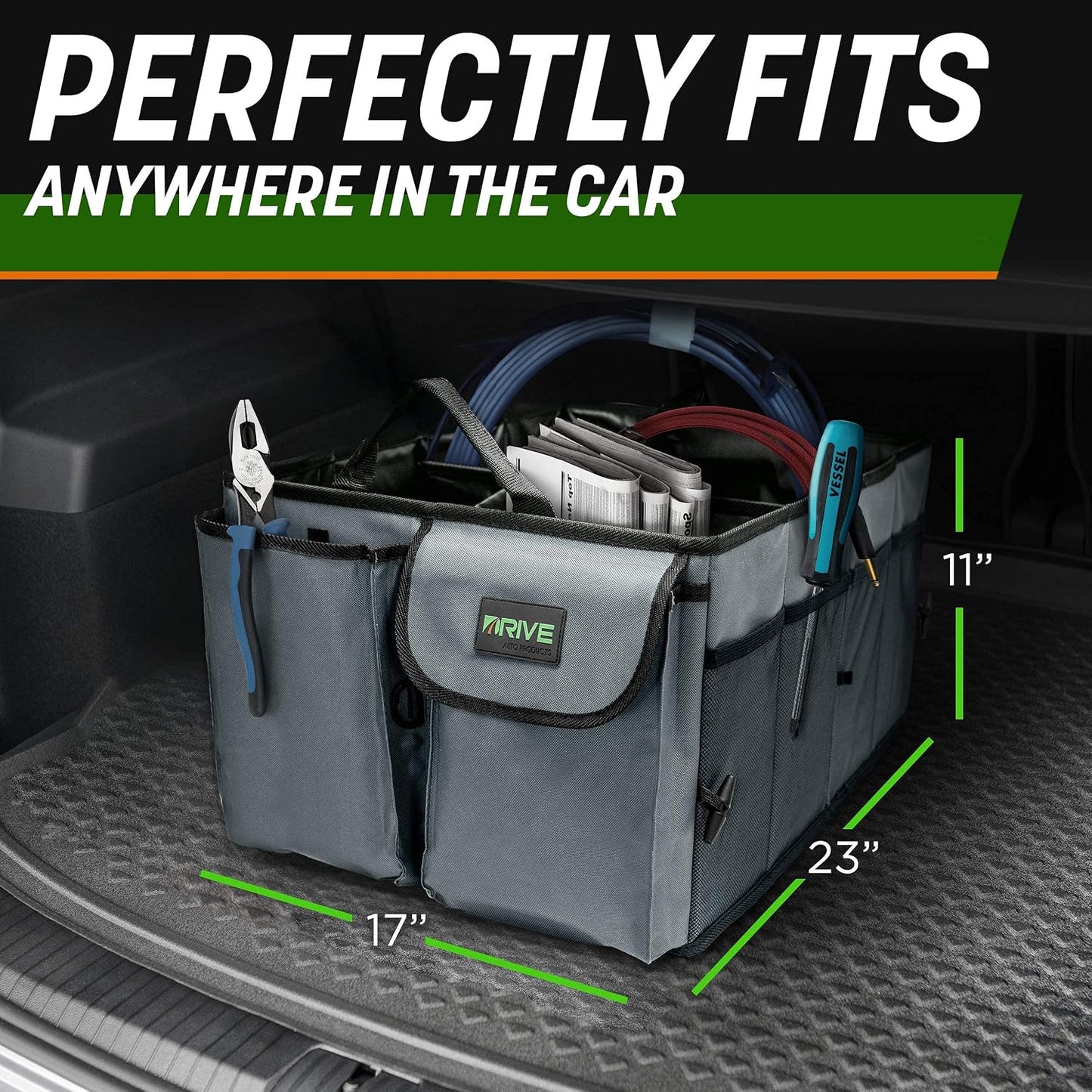 DRIVE - Car Trunk Organizer - Collapsible, Multi-Compartment Automotive SUV Car Organizer for Storage w/Adjustable Straps - Truck & Car Accessories for Women and Men - Grey