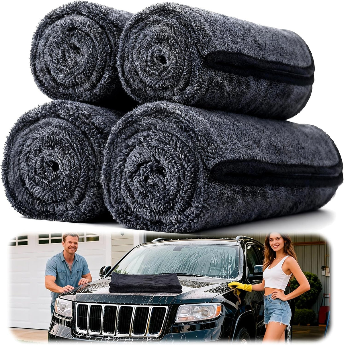 Car Drying Towels - 4 Pack Blue Microfiber Detailing Cloths, 36 x 24 In