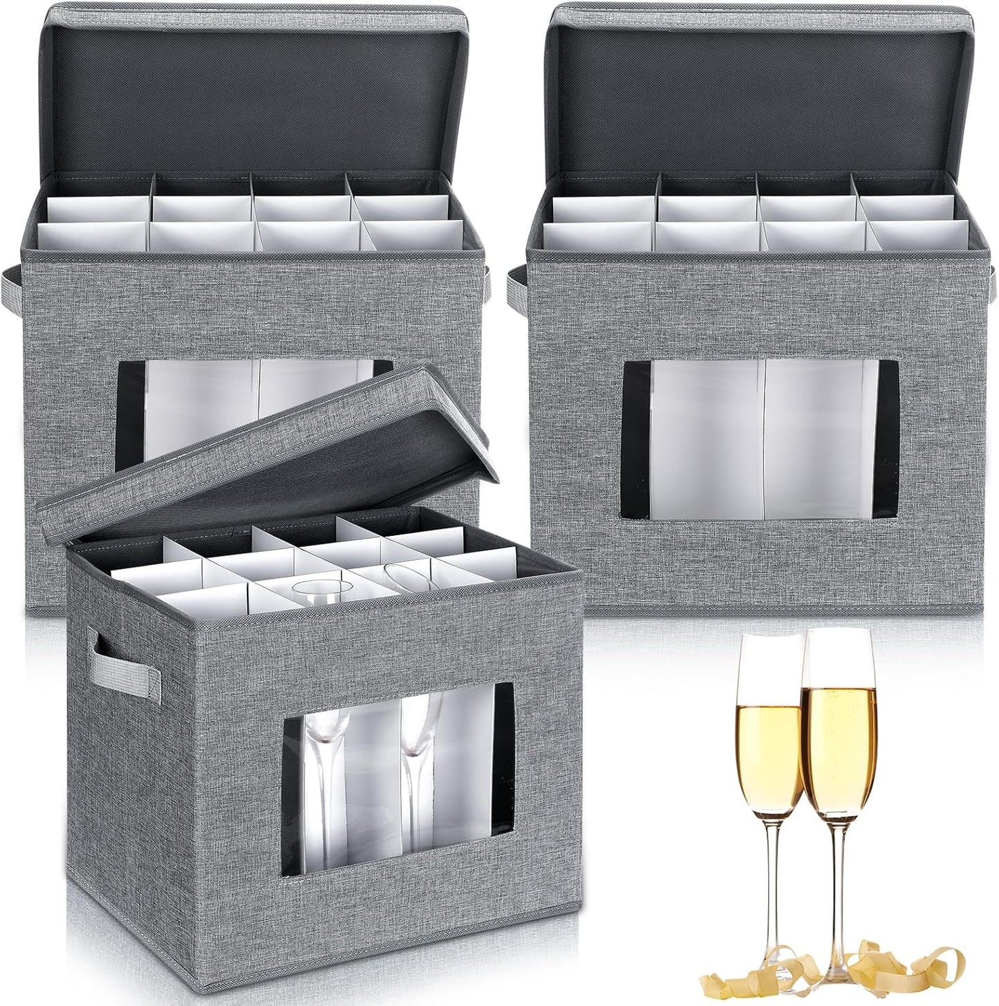 Norme 3 Pack Mug Storage Box with Dividers, 12 Compartments Stemware Storage Cases Champagne Flute Box with Lid Handle Window, Stackable China Container Organizer for Moving