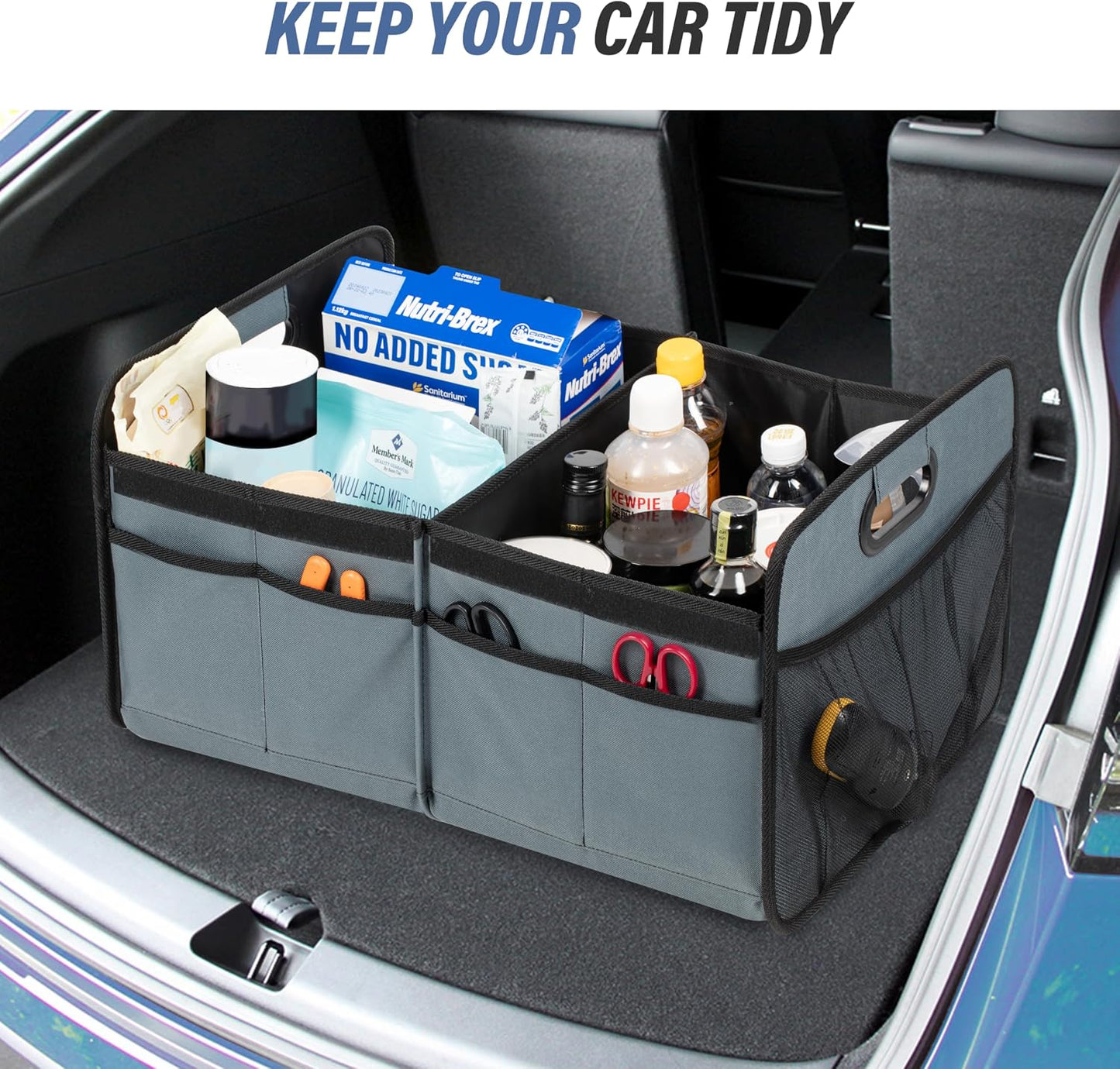 Simple Deluxe Car Trunk Organizer with Lid, Collapsible 2 Compartment 50L Automotive Storage Box with 5 Pocket, 600D Waterproof Oxford Polyester, Non Slip Bottom, Grey-Green, 2 Pack