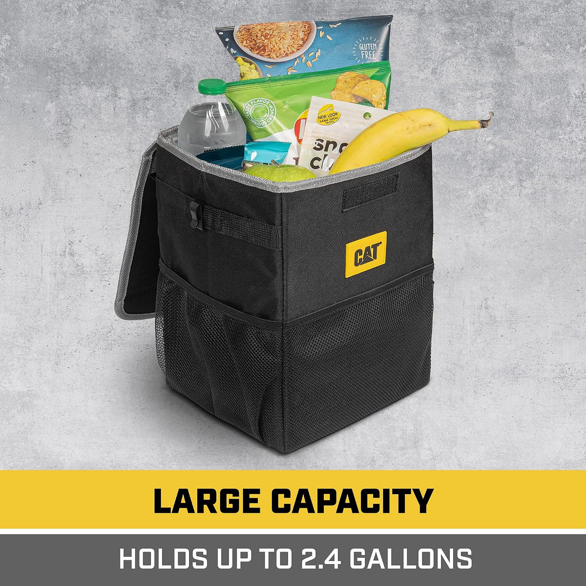 CAT® Car Trash Can Organizer with Lid Storage - Leak-Proof Automotive Organizer for Truck, Car, SUV, and Van with Multiple Pockets Expandable Waterproof Garbage Bin for Auto - Black