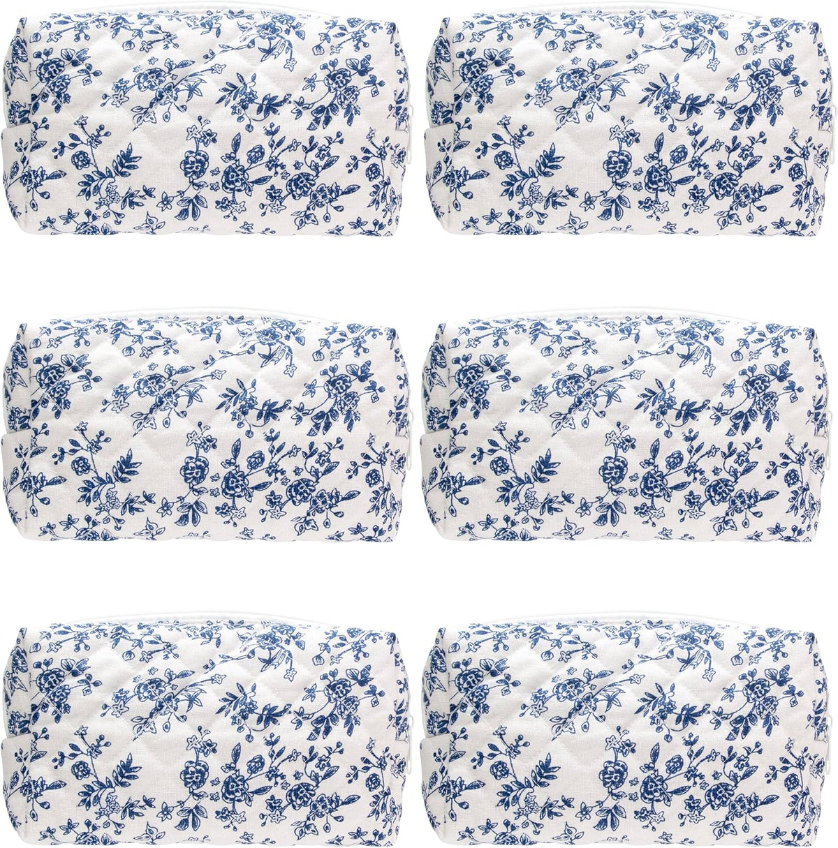 PAZIMIIK Small Quilted Makeup Bag,Zipper Cosmetic Pouch,Floral Blue,6 Pack