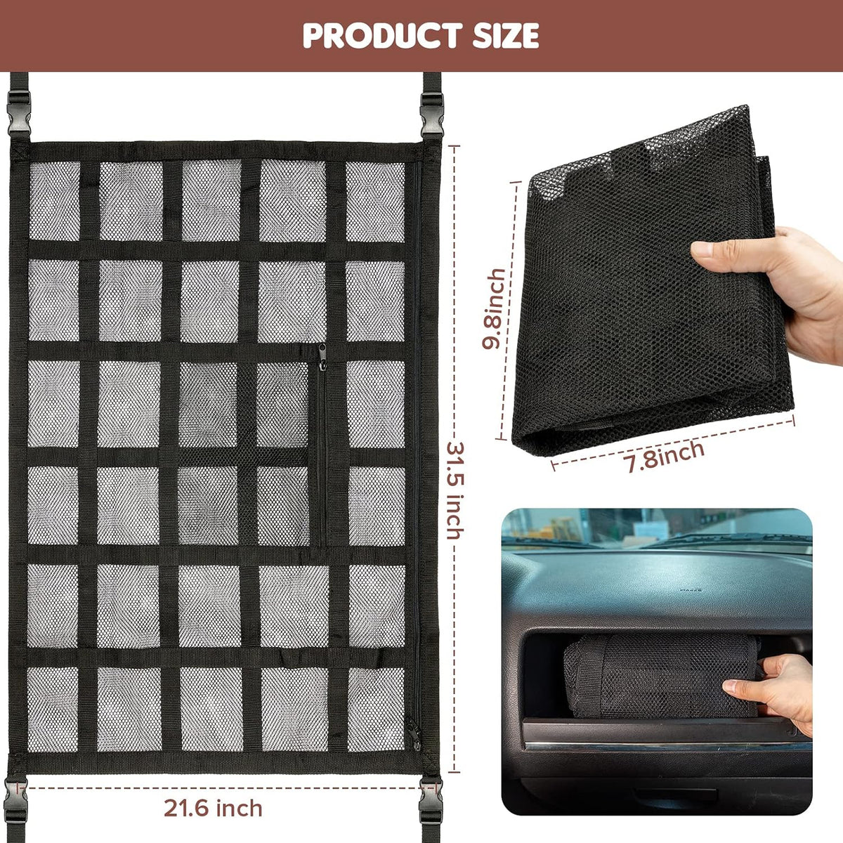 Upgrade Car Ceiling Cargo Net Pocket,31.5"x21.6" Double-Layer Roof Storage Organizer,Overhead Net for SUV & Van Camping,Travel Road Trips,Van Life Essentials,Fit 4 Handle Vehicles