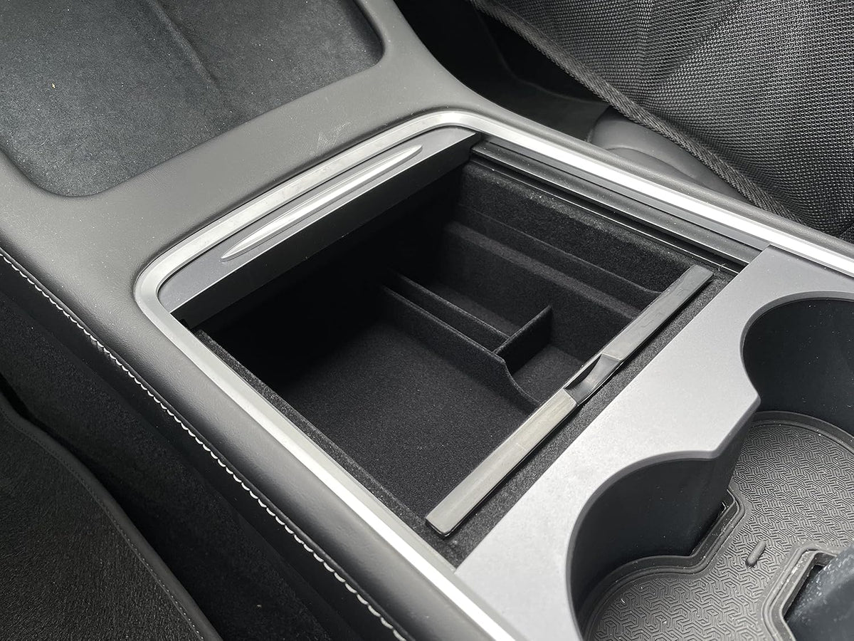 OzniumX Center Console Organizer Storage Box for Tesla Model S/X, Black, Custom Upgrade Interior Accessory with Coin and Sunglass Holder, Armrest Box Secondary Storage