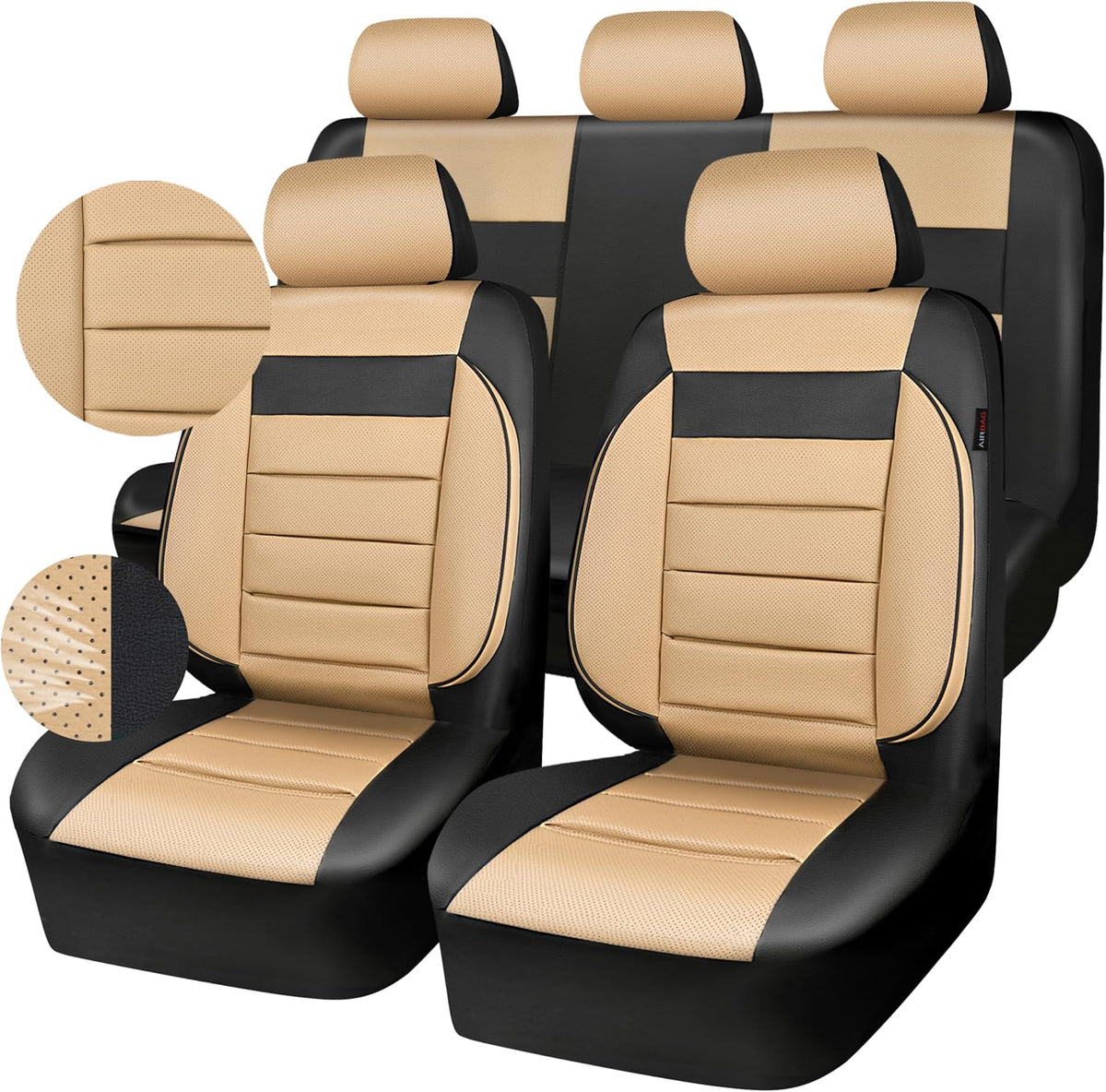 CAR PASS Faux Leather Car Seat Covers Front Seats Only, 3D Foam Support Car Seat Covers, Universal fit for Trucks Vans SUVs Sedans Automotive Comfortable, Airbag Compatible 2 Pieces Front Black Beige
