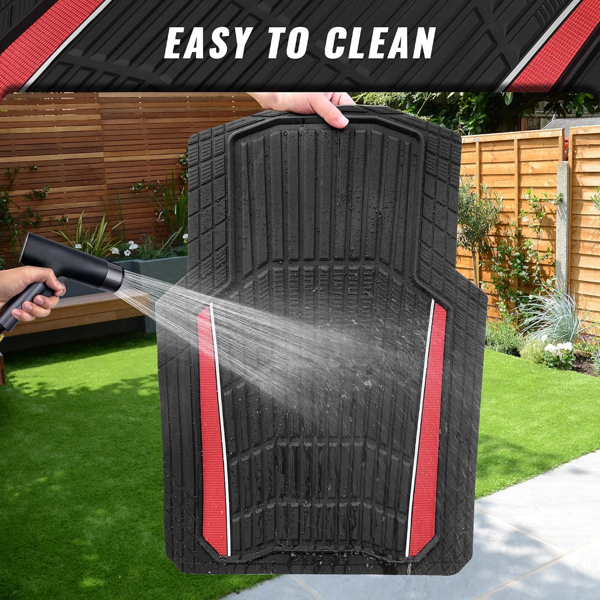 CAR PASS Heavy Duty Rubber Car Floor Mats, Deep Waterproof Car Floor Mats All Weather, Aluminum Film Floor Mats for Cars Non-Slip Universal Trim to Fit for SUVs Trucks Sedans Vans, Black Red Metallic