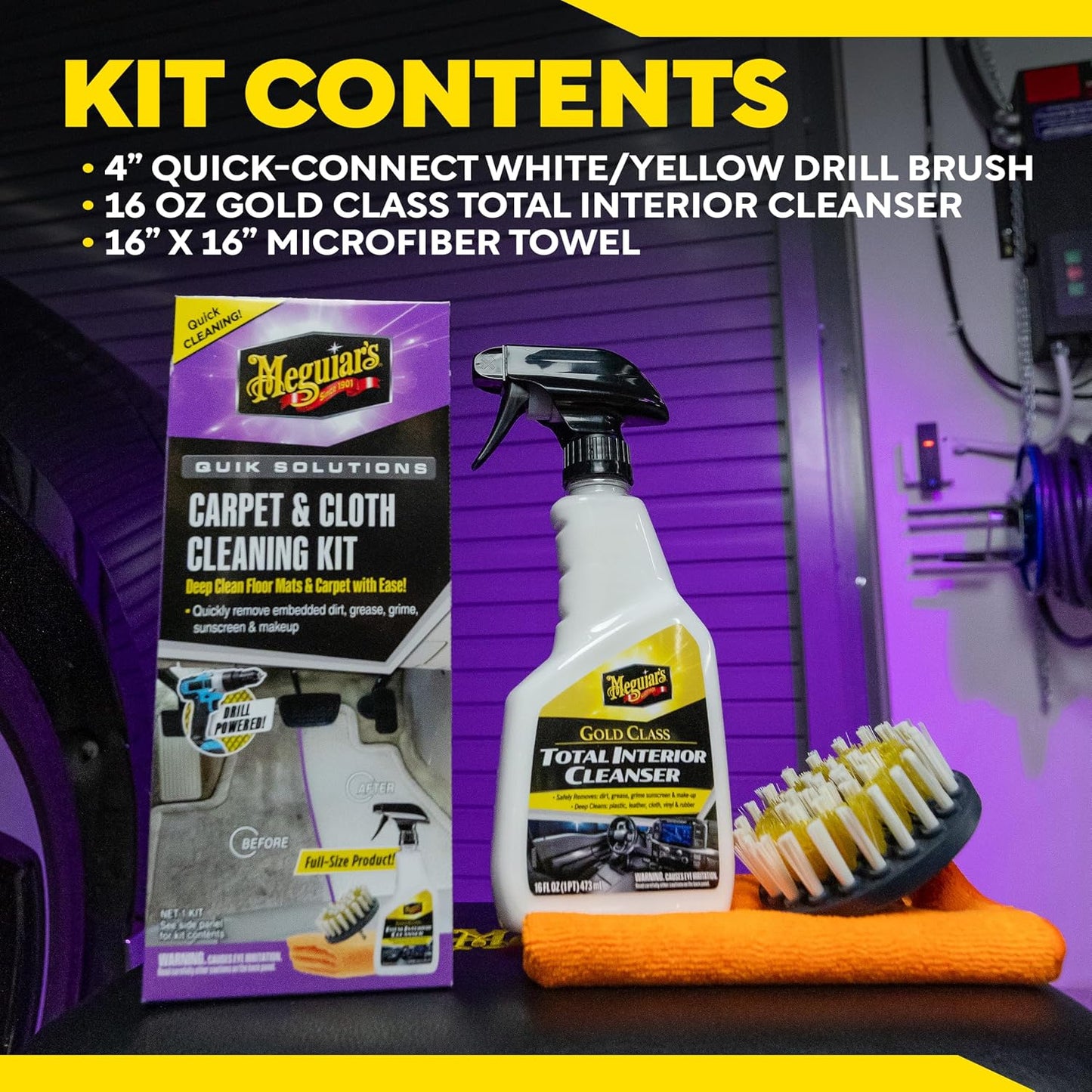 Meguiar's Carpet & Cloth Kit,This Car Care Kit includes a Premium Fabric & Carpet Cleaner and Accessories,A Plush Microfiber Towel and 4” Drill Brush Attachment to Thoroughly Clean Interiors, Kit