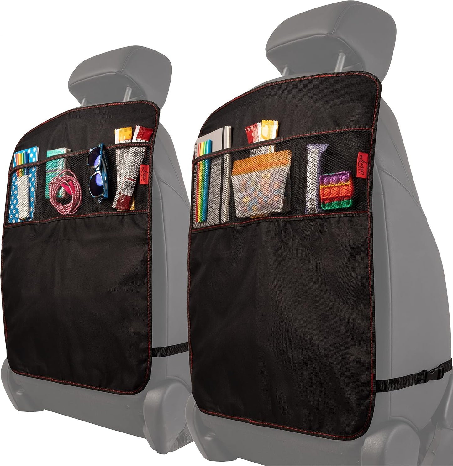 Lusso Gear Kick Mats (2 Pack) - Car Seat Back Protectors, Premium Waterproof Fabric, Reinforced Corners to Prevent Sag, and 4 Mesh Pockets for Large Storage (Gray)