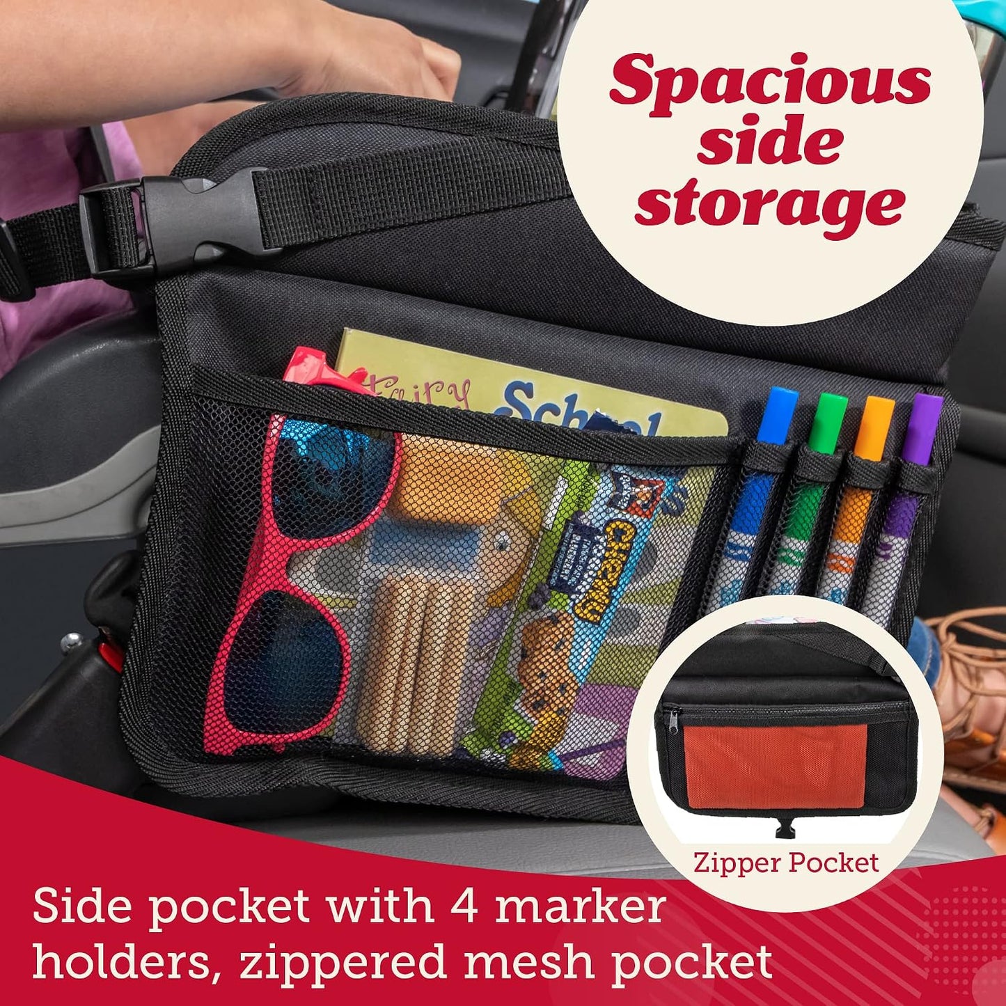 Lusso Gear Car Seat Activity Tray - Dry-Erase Top & Toddler Travel Essential - Mesh Pockets & Car Back Seat Organizer - Cup Holder & Road Trip Essentials for Kids - 600D Oxford Material