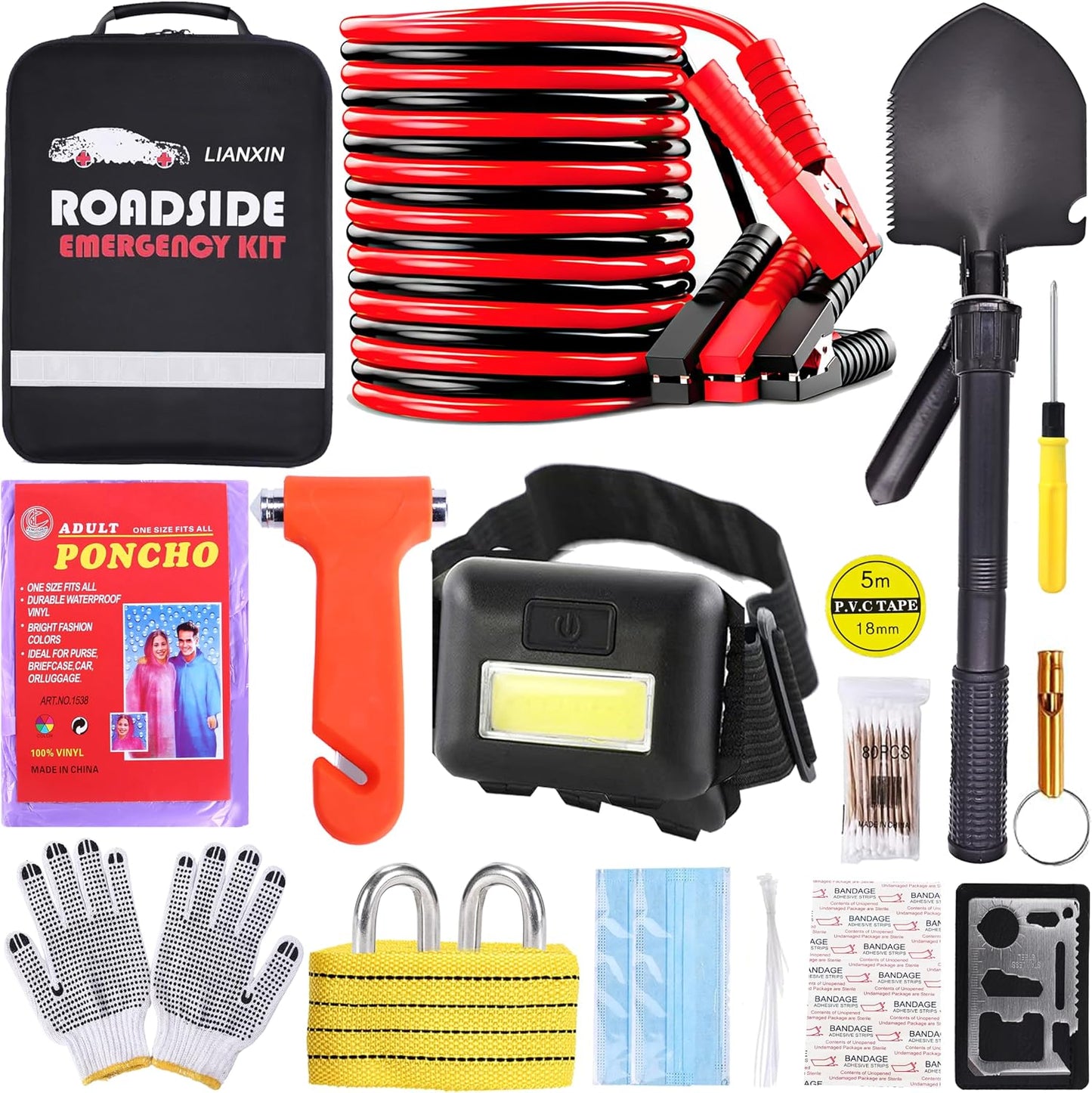 142 PCS Emergency Roadside Kit for Car ,Safety Car Kit with Jumper Cables | Roadside Assistance Emergency Kit Warning Triangle, Safety Hammer, Tow Rope, Car Emergency Kit Gifts for New Drivers