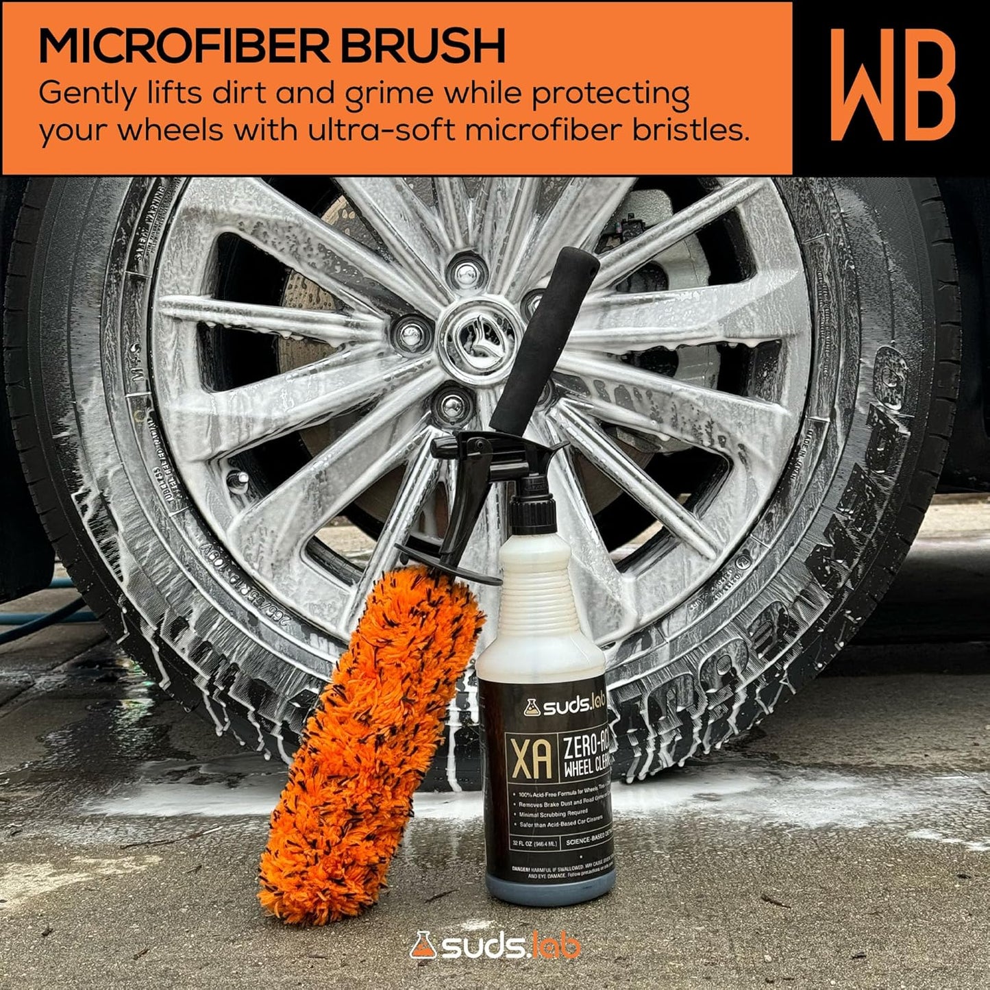 Suds Lab WB Premium Microfiber Cleaning Wheel Brush for All Vehicle Types – 18.1" Ultra-Soft & Scratch-Free Reusable Rim, Wheel, and Tire Brush with Ergonomic Handle