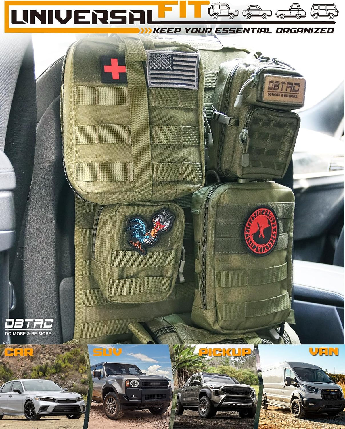 DBTAC Tactical Molle Car Seat Organizer | Vehicle Back Panel with 5X Detachable Pouches, US Flag & Writable Reflective Patch for Cars, Trucks, SUVs, Sedans