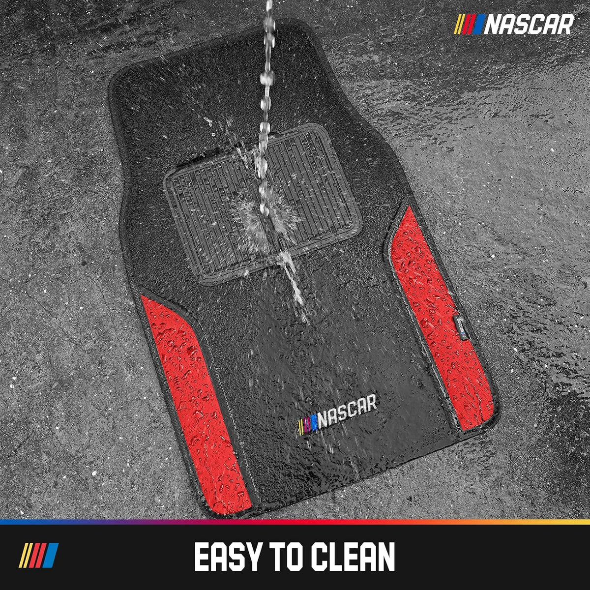 NASCAR Car Floor Mats, Carpet & Red Leather Design Car Mats, Universal-Fit All-Weather Car Floor Mats with Built-in Heel Pad & Anti-Slip Backing, Durable Odorless Automotive Interior Accessories