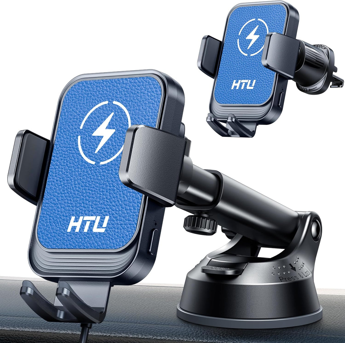 HTU Wireless Car Charger 15W Auto Clamping Phone Holder Dash Windshield Vent, Car Charger Compatible with iPhone 17 16 15 14/13/13 Pro/12 pro/12/11/X/8, Samsung S24/S23/S22,Black