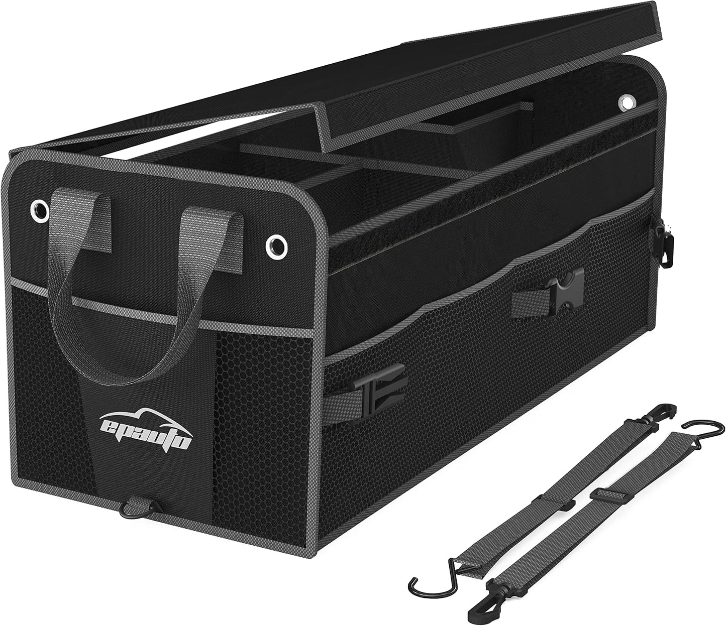 EPAuto Foldable Car Trunk Organizer for SUV, 3-Compartment, Gray | with Removable Divider, Side Pockets and Securing Straps