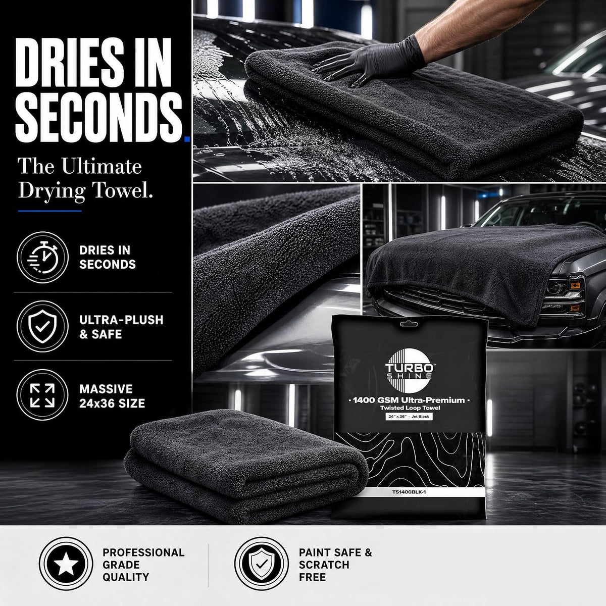 1400 GSM Microfiber Car Drying Towel, Twisted Loop, Streak-Free, Lint-Free, 24x36 Inch Ultra Premium Car Wash Towel (1, Jet Black, 24" x 36")