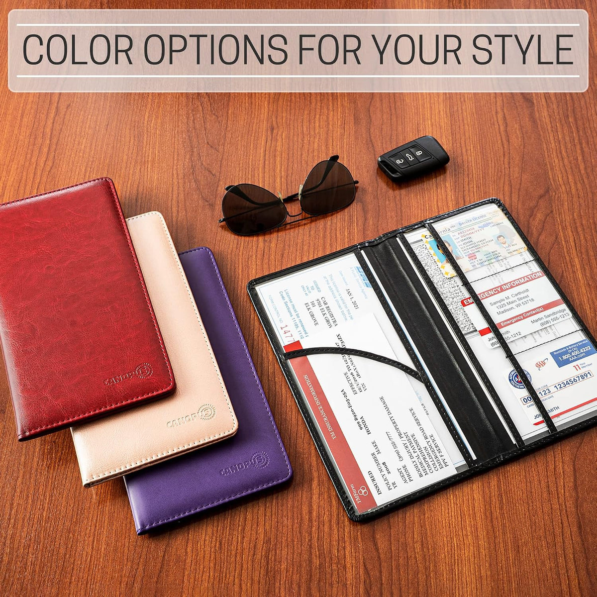 CANOPUS Car Registration and Insurance Holder, PU Leather Card Holder, Vehicle Glove Box Organizer for Auto, SUV, Truck, Rose Gold