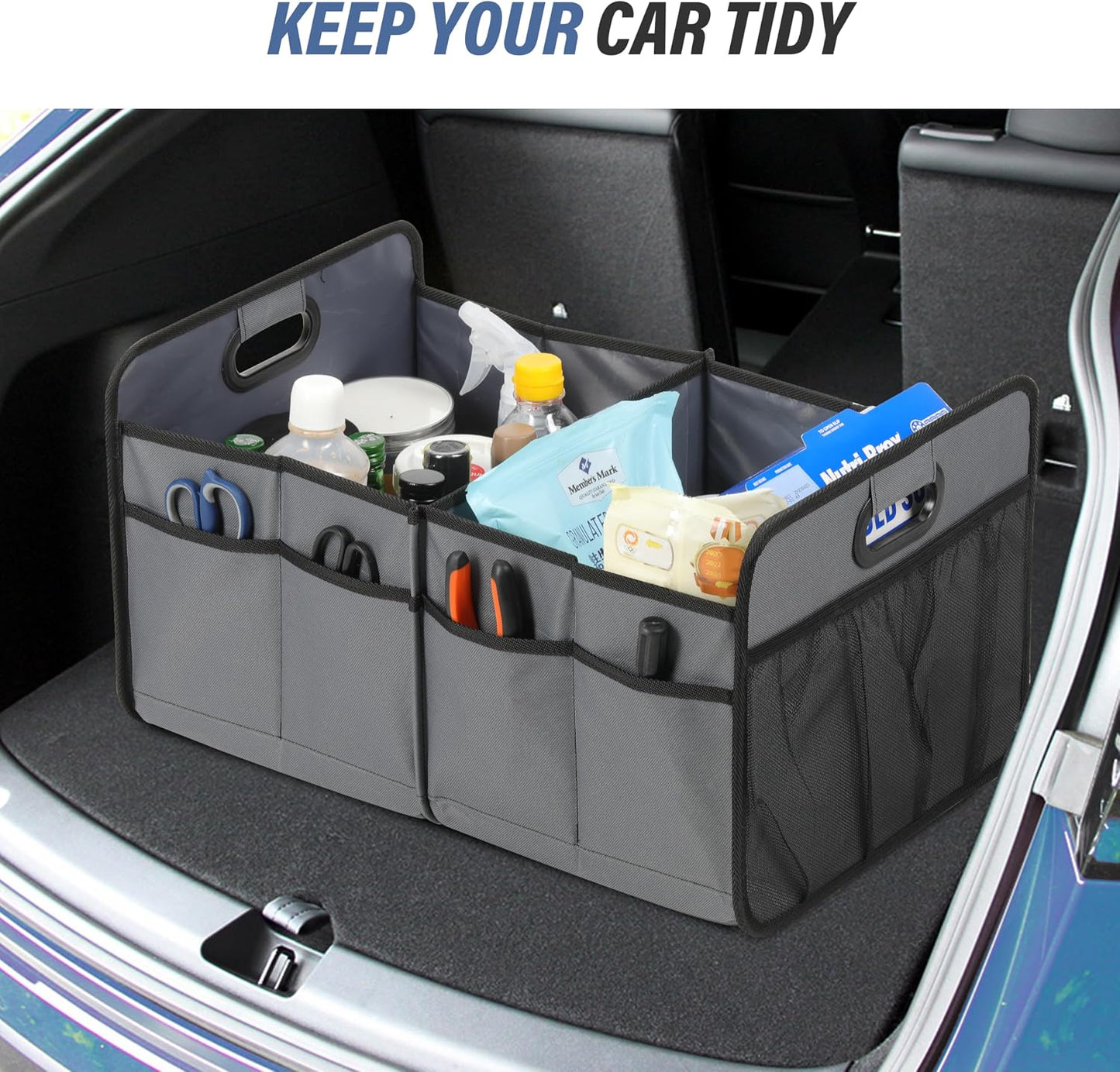 Simple Deluxe Car Trunk Organizer for SUV, Collapsible 2 Compartment 50L Automotive Storage Box with 5 Pocket, 600D Waterproof Oxford Polyester & Non Slip Bottom, Reinforced Handle, Grey, 2 Pack