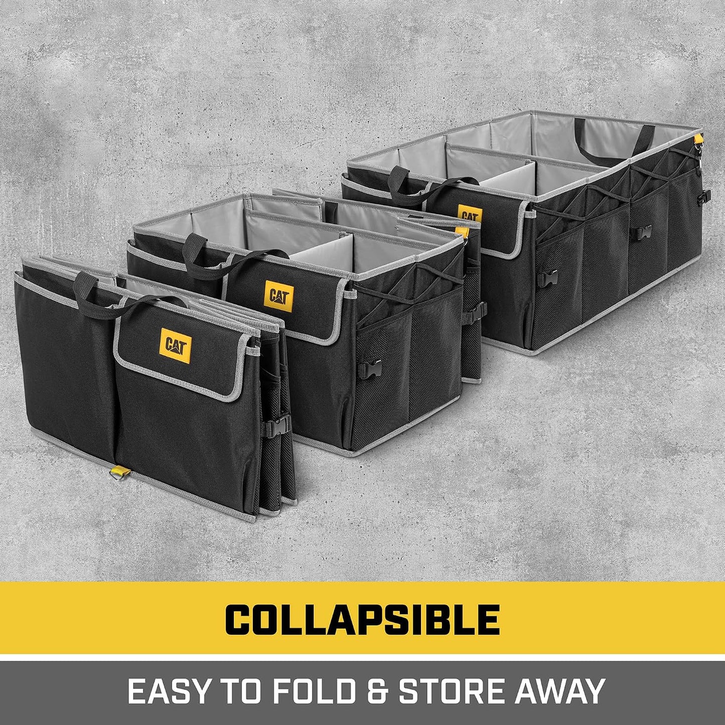 CAT® FlexTrunk Car Trunk Organizer and Storage - Collapsible Multi-Compartment Automotive Adjustable Multiple Pocket Expandable Sturdy Multipurpose Folding Cargo Store for Auto Backseat